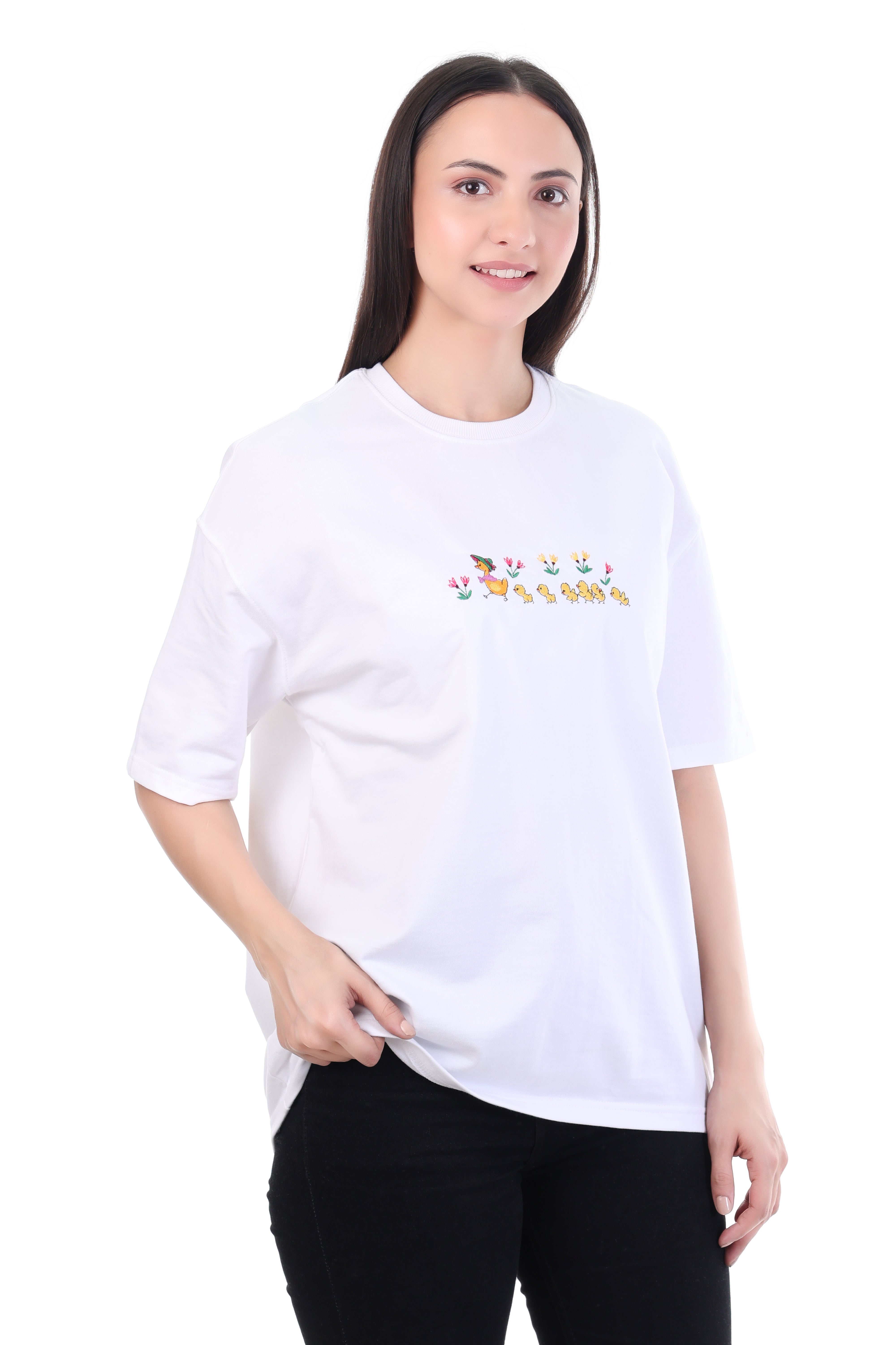 Playful Flight – White Embroidered Duck Motif T-Shirt for Women | VVM Vastra