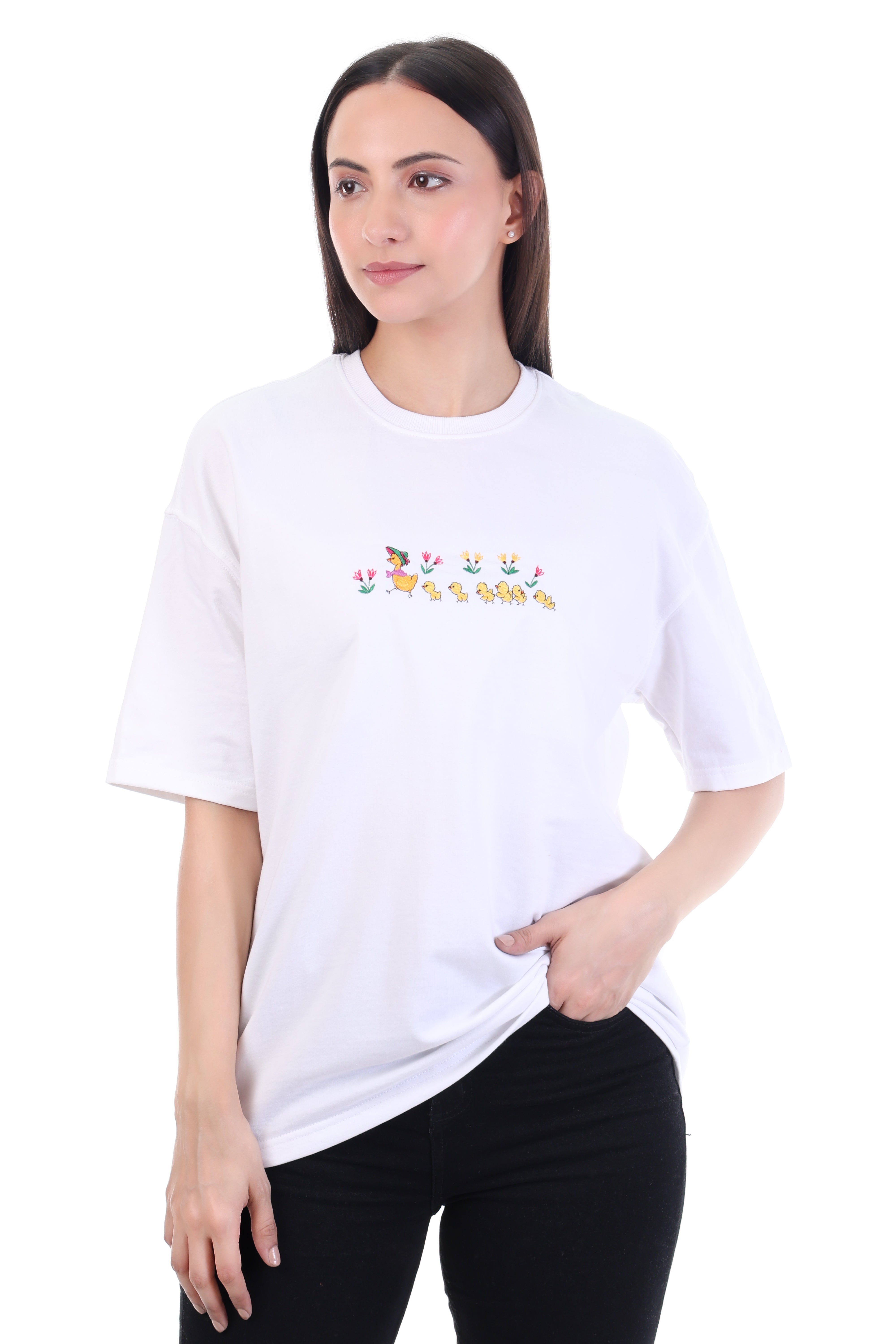 Playful Flight – White Embroidered Duck Motif T-Shirt for Women | VVM Vastra