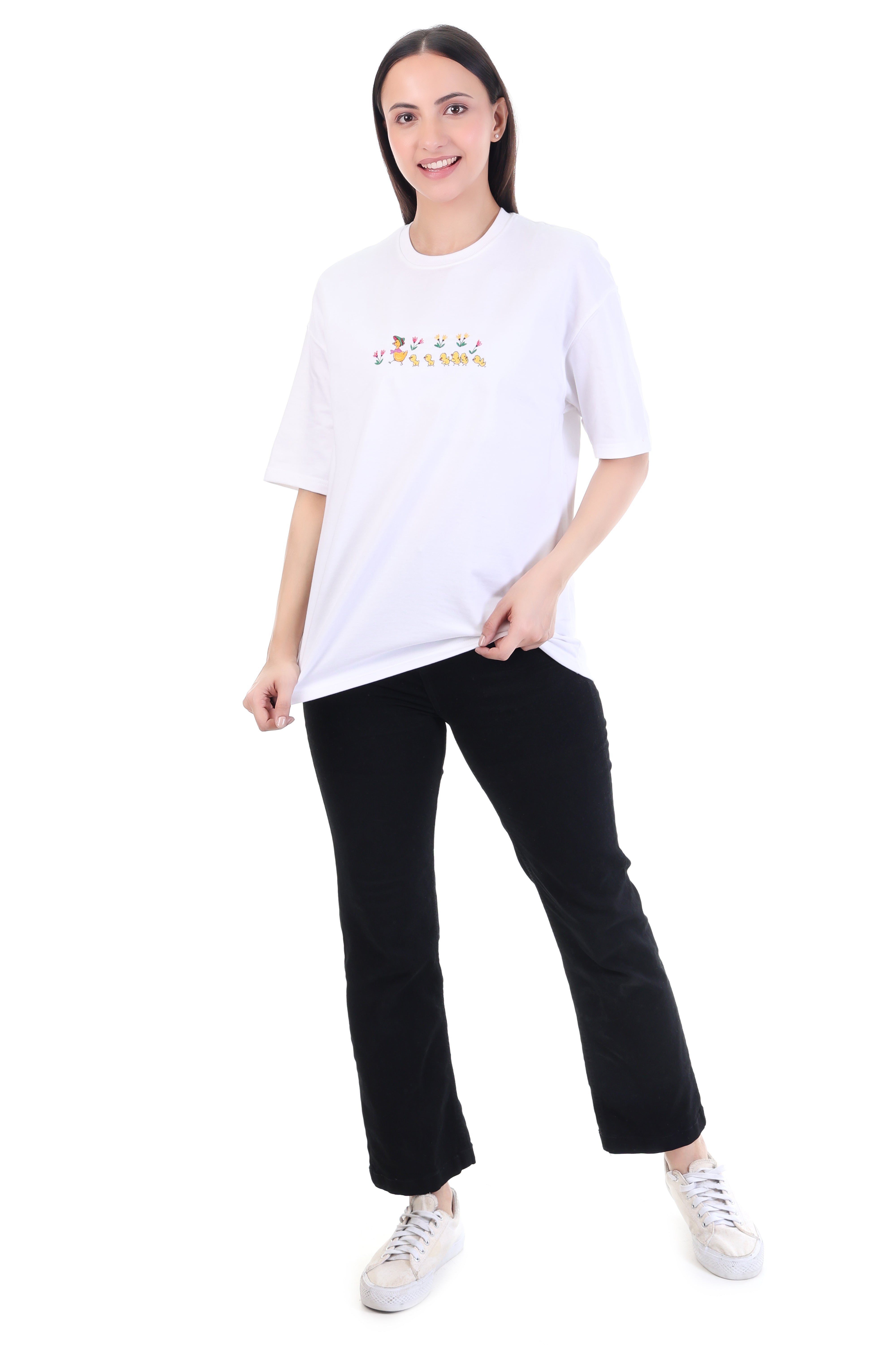 Playful Flight – White Embroidered Duck Motif T-Shirt for Women | VVM Vastra