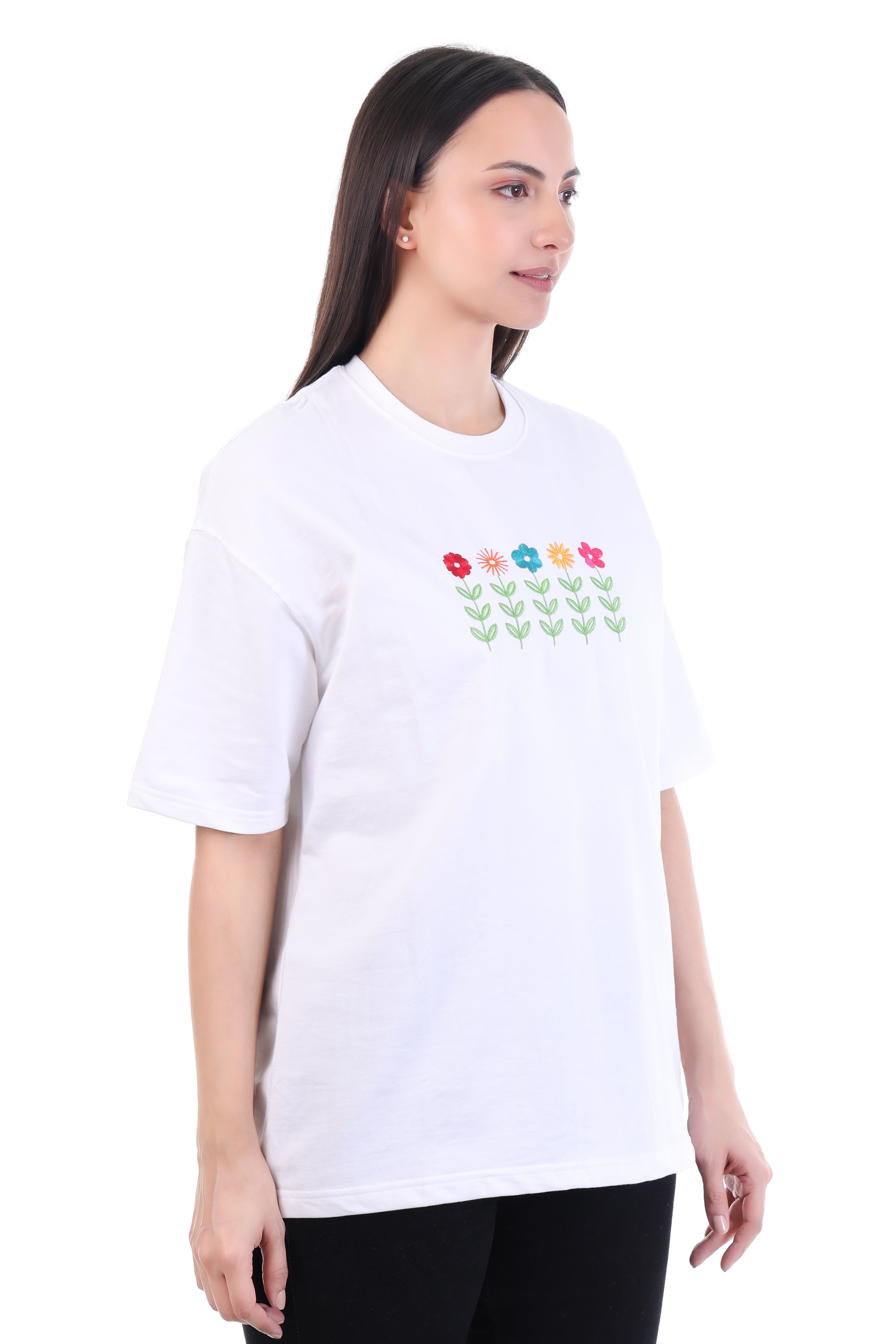 Endless Flowers – White Embroidered Floral T-Shirt for Women | VVM Vastra