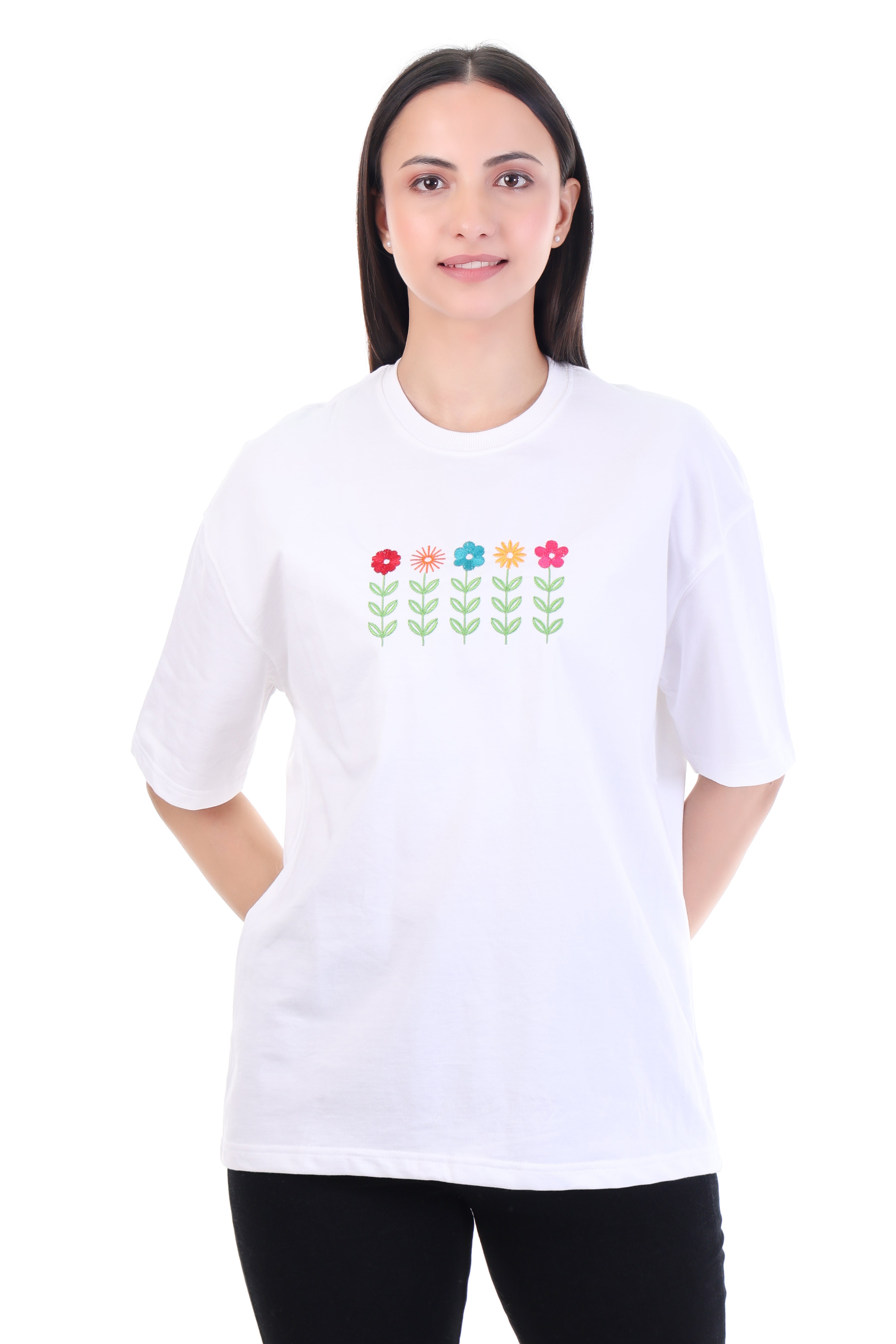 Endless Flowers – White Embroidered Floral T-Shirt for Women | VVM Vastra