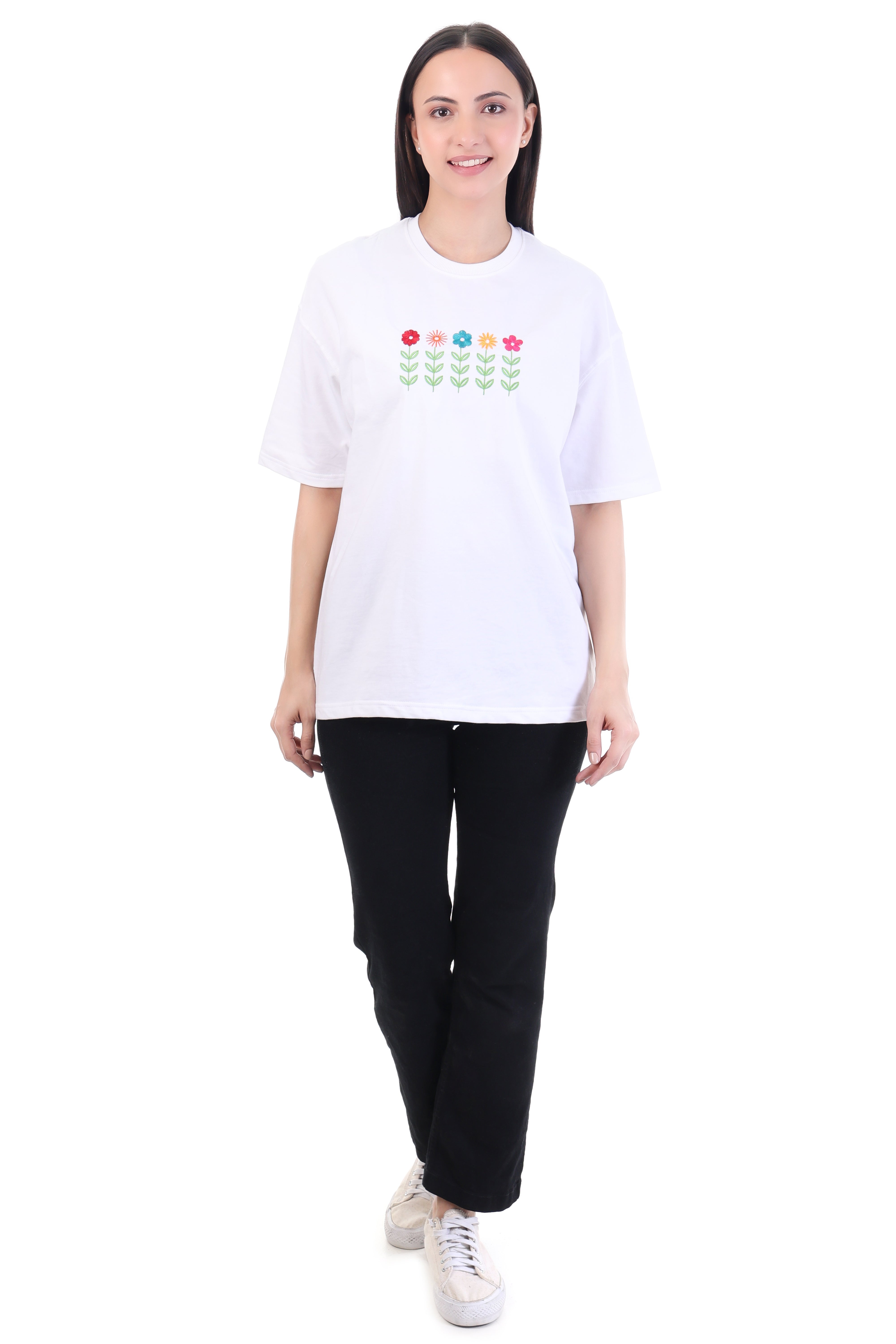 Endless Flowers – White Embroidered Floral T-Shirt for Women | VVM Vastra