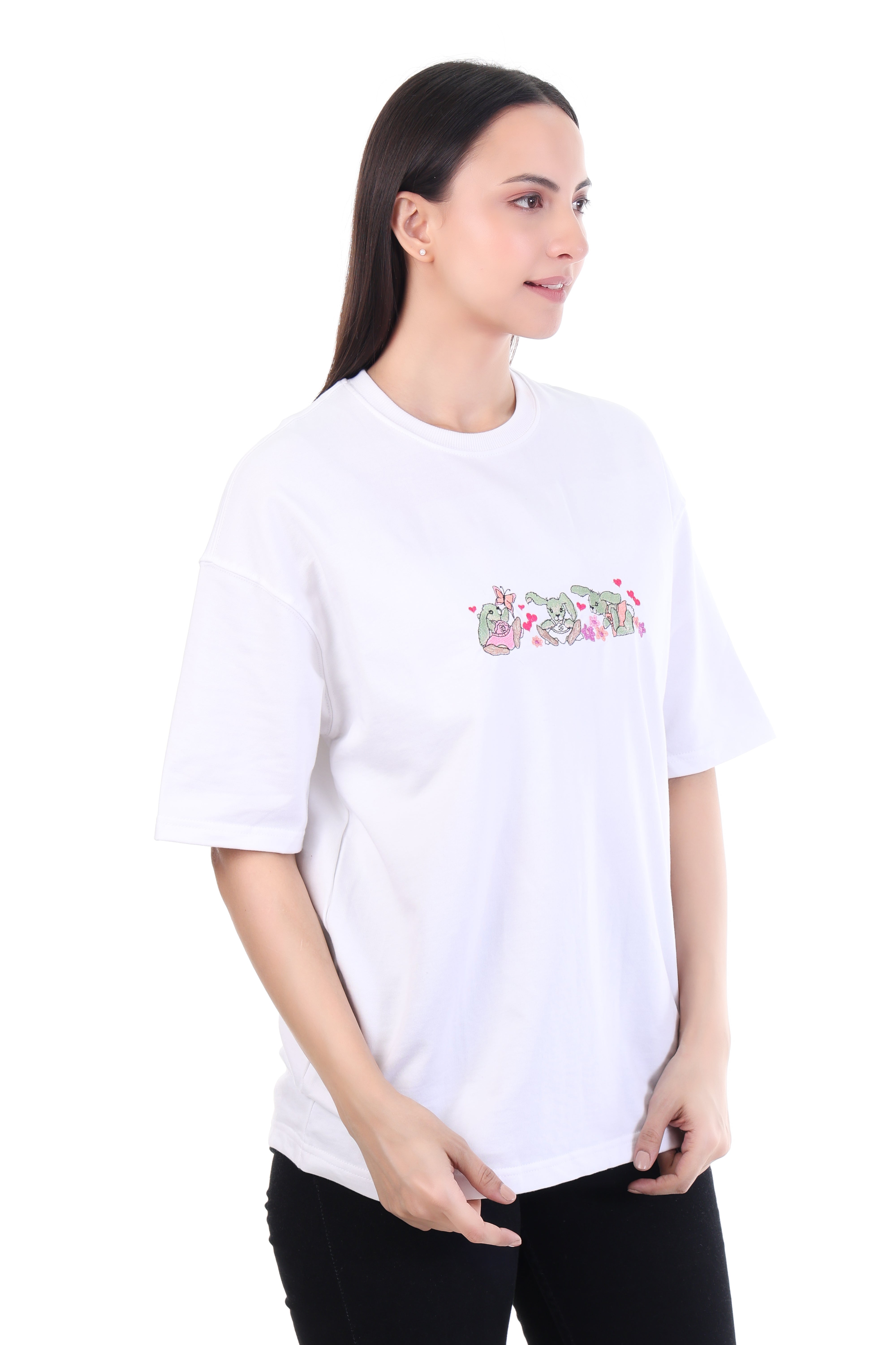 Whimsical Leap – White Embroidered Rabbit T-Shirt for Women | VVM Vastra