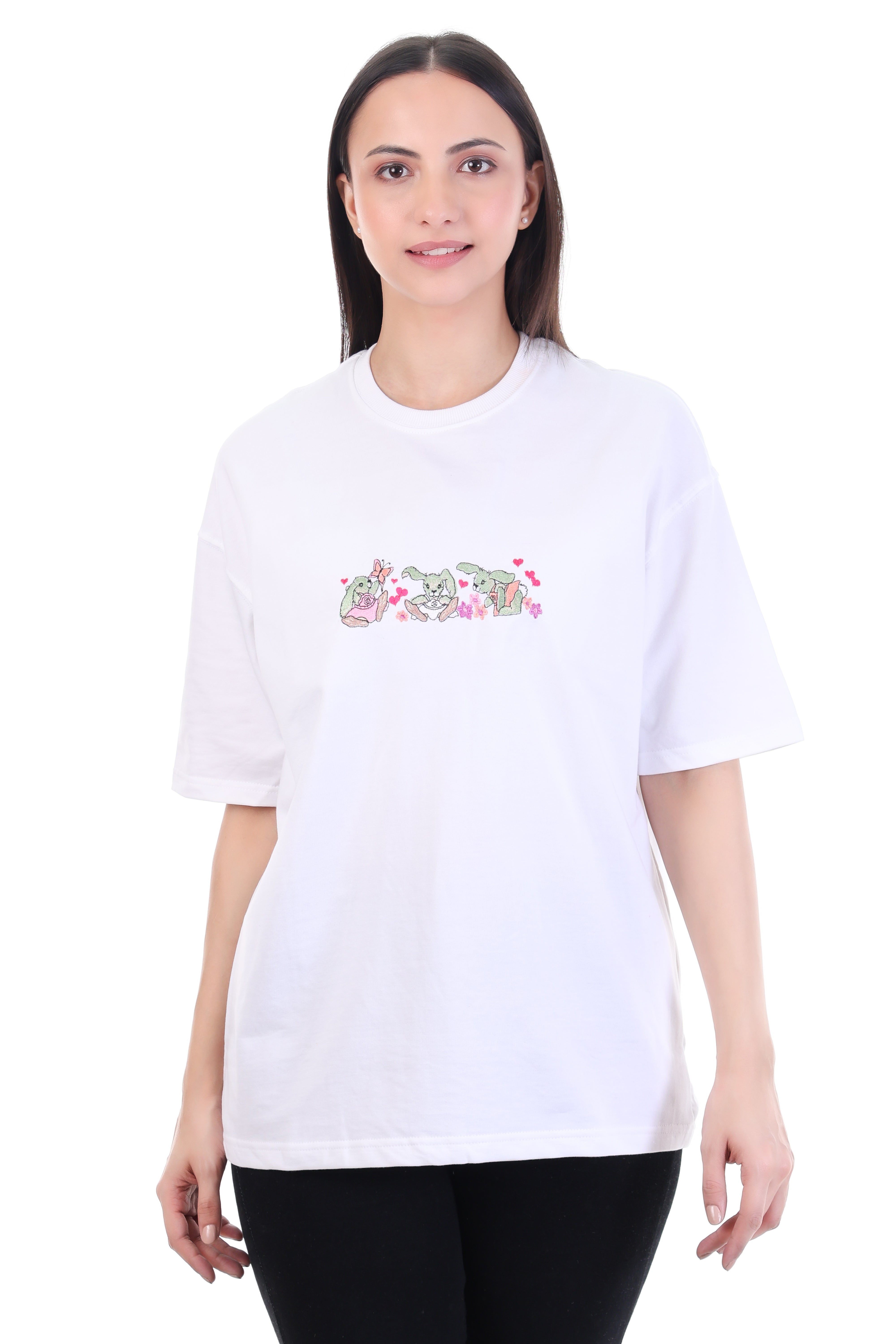 Whimsical Leap – White Embroidered Rabbit T-Shirt for Women | VVM Vastra