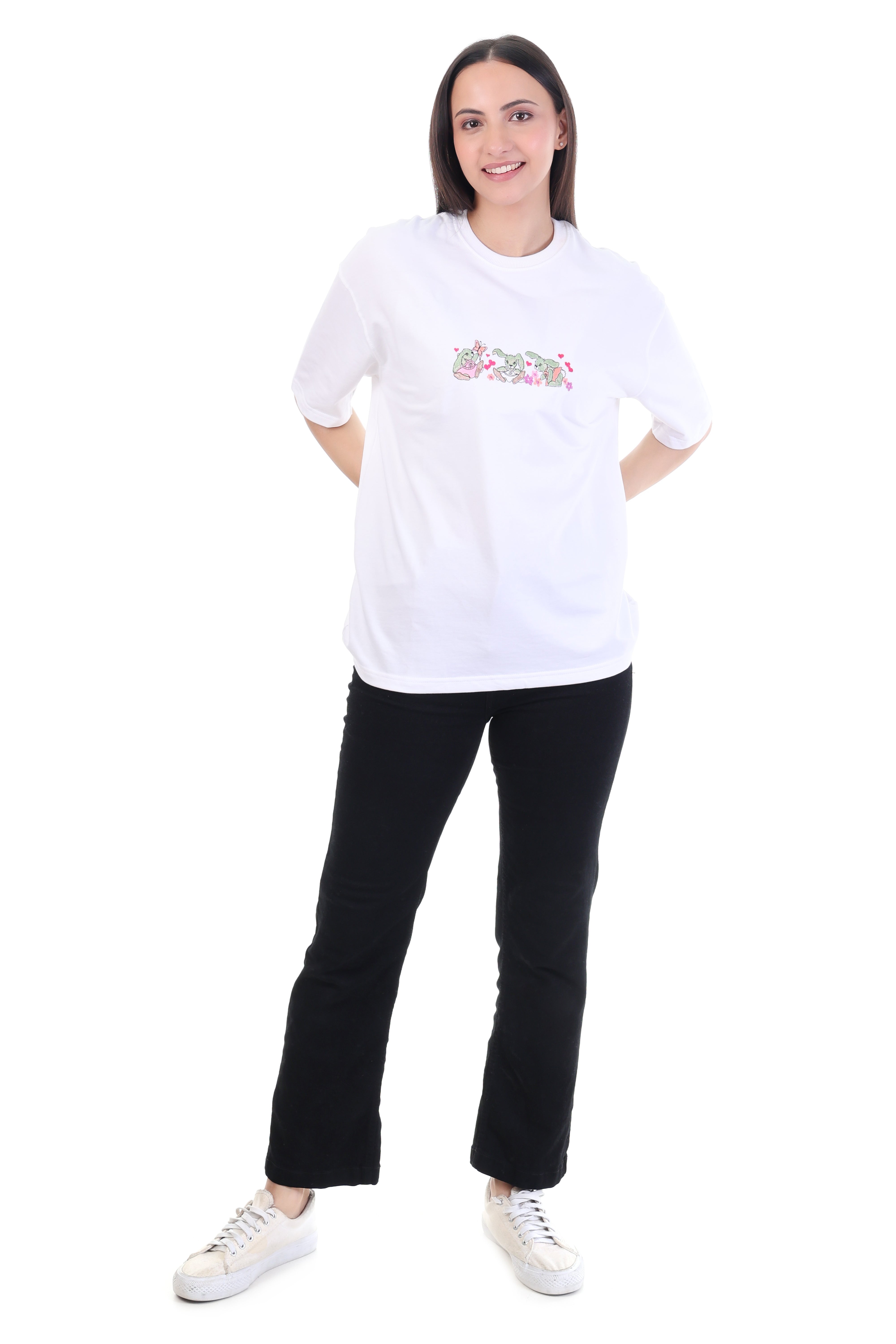 Whimsical Leap – White Embroidered Rabbit T-Shirt for Women | VVM Vastra