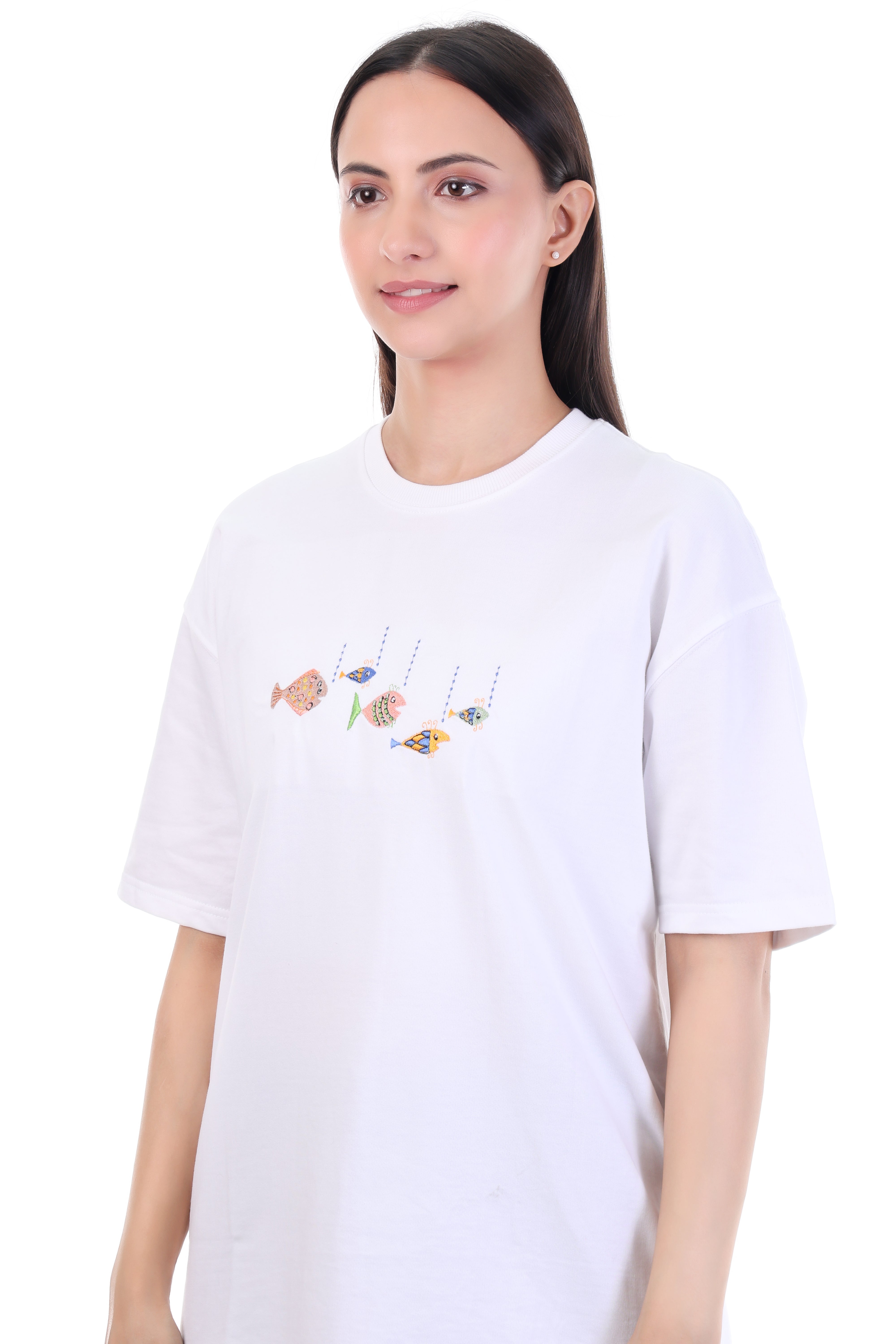 Drift & Flow – White Embroidered Floating Fish T-Shirt for Women | VVM Vastra