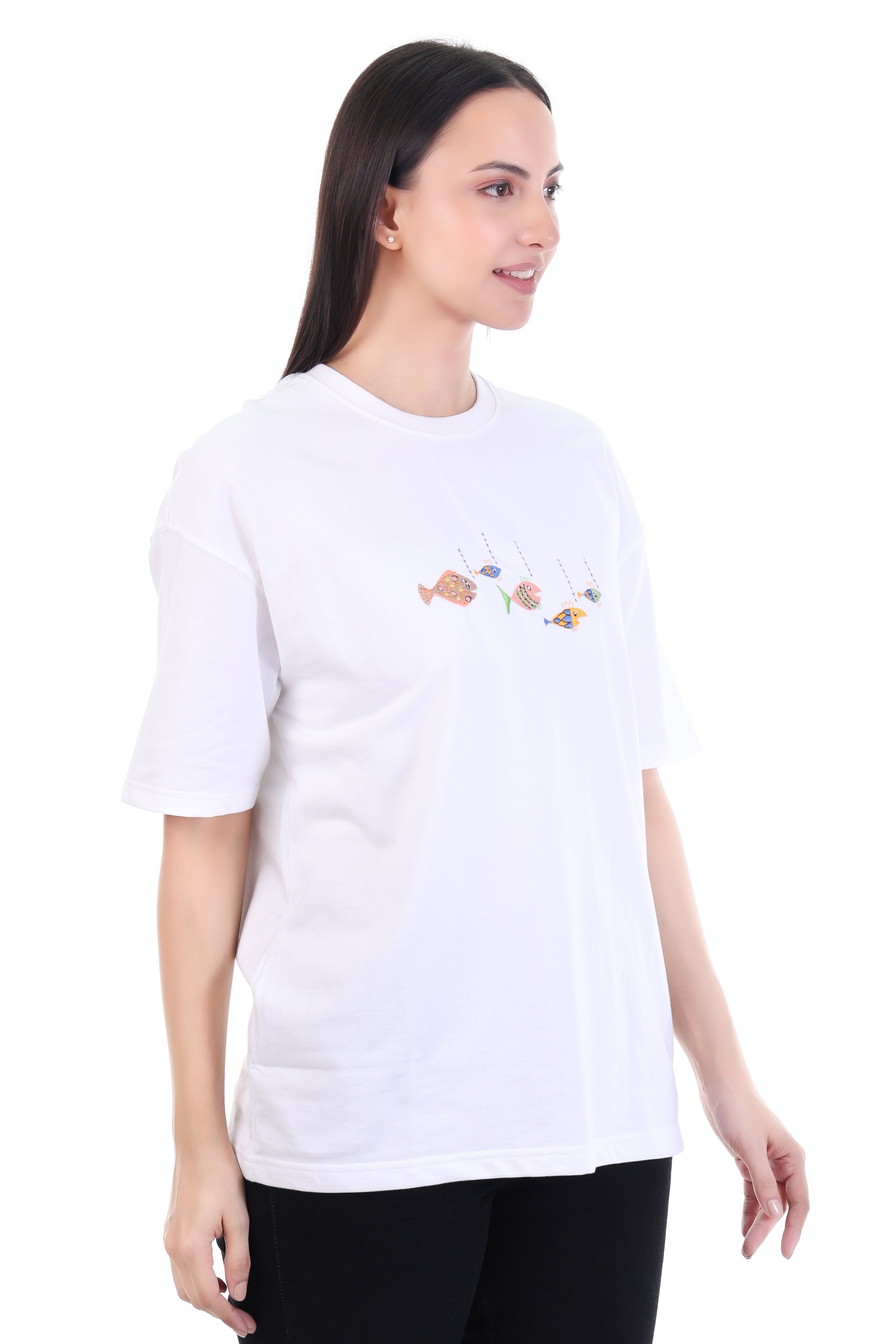 Drift & Flow – White Embroidered Floating Fish T-Shirt for Women | VVM Vastra