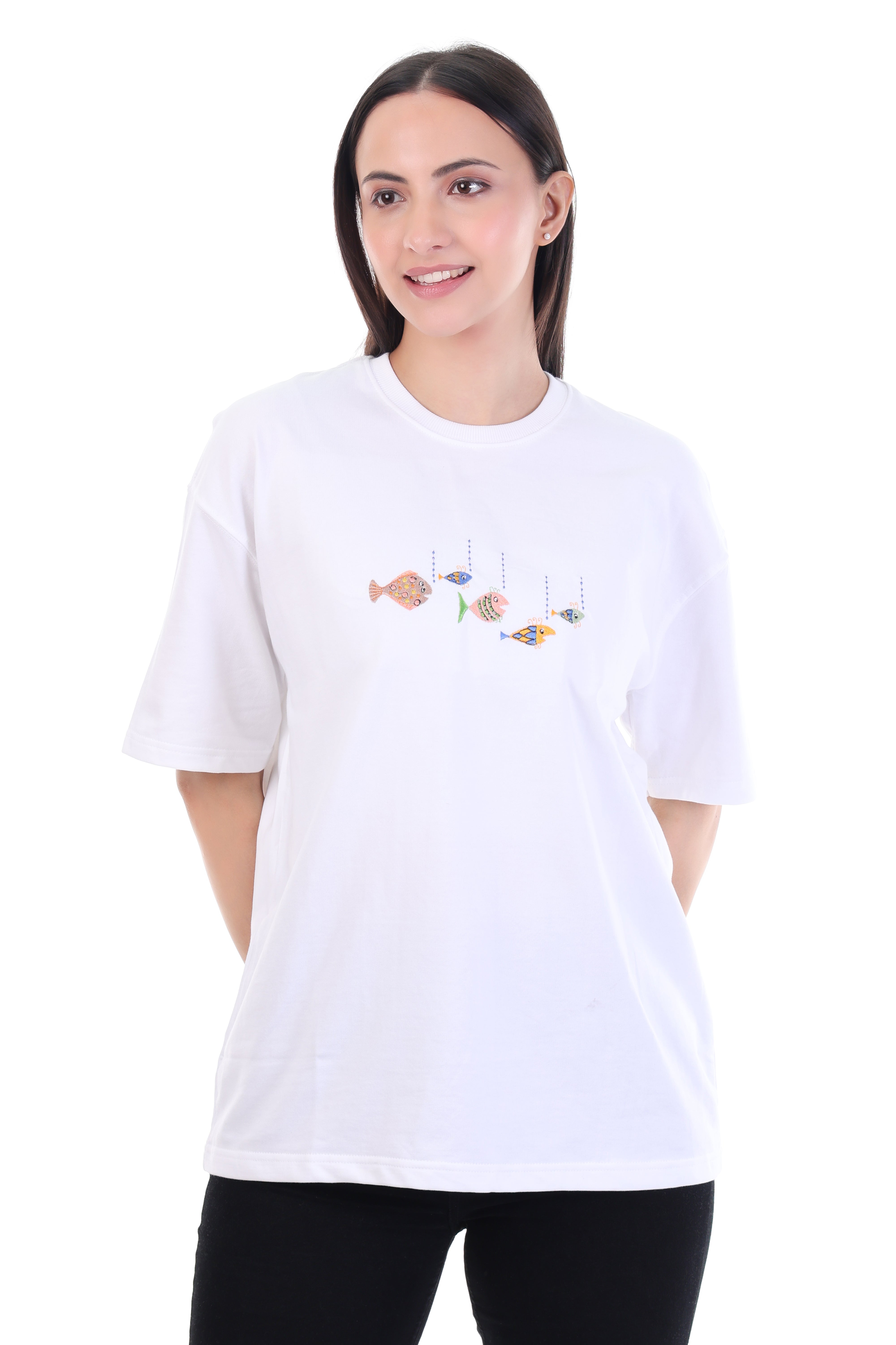 Drift & Flow – White Embroidered Floating Fish T-Shirt for Women | VVM Vastra