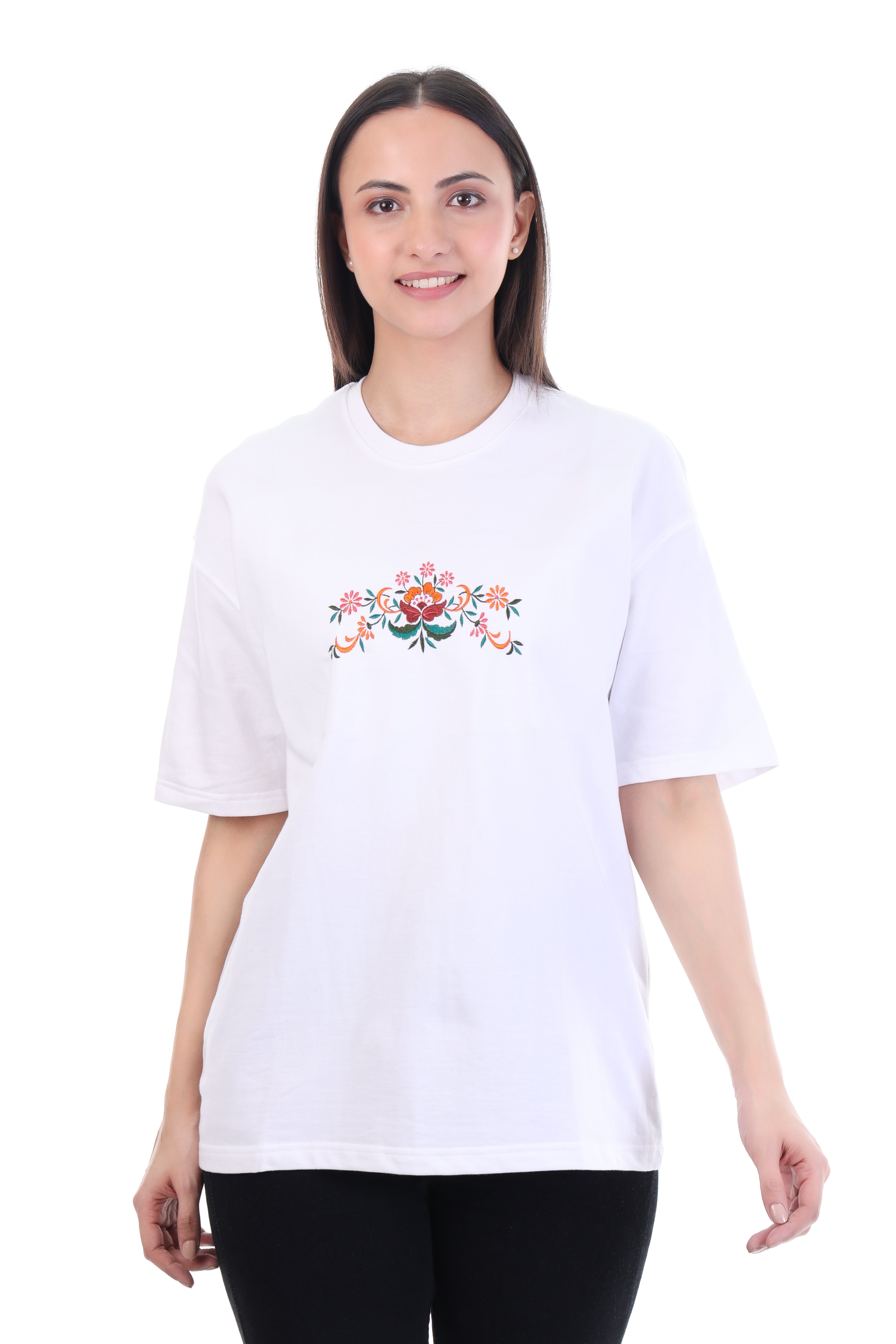 Ornate Bloom – White Floral Embroidered T-Shirt for Women | VVM Vastra