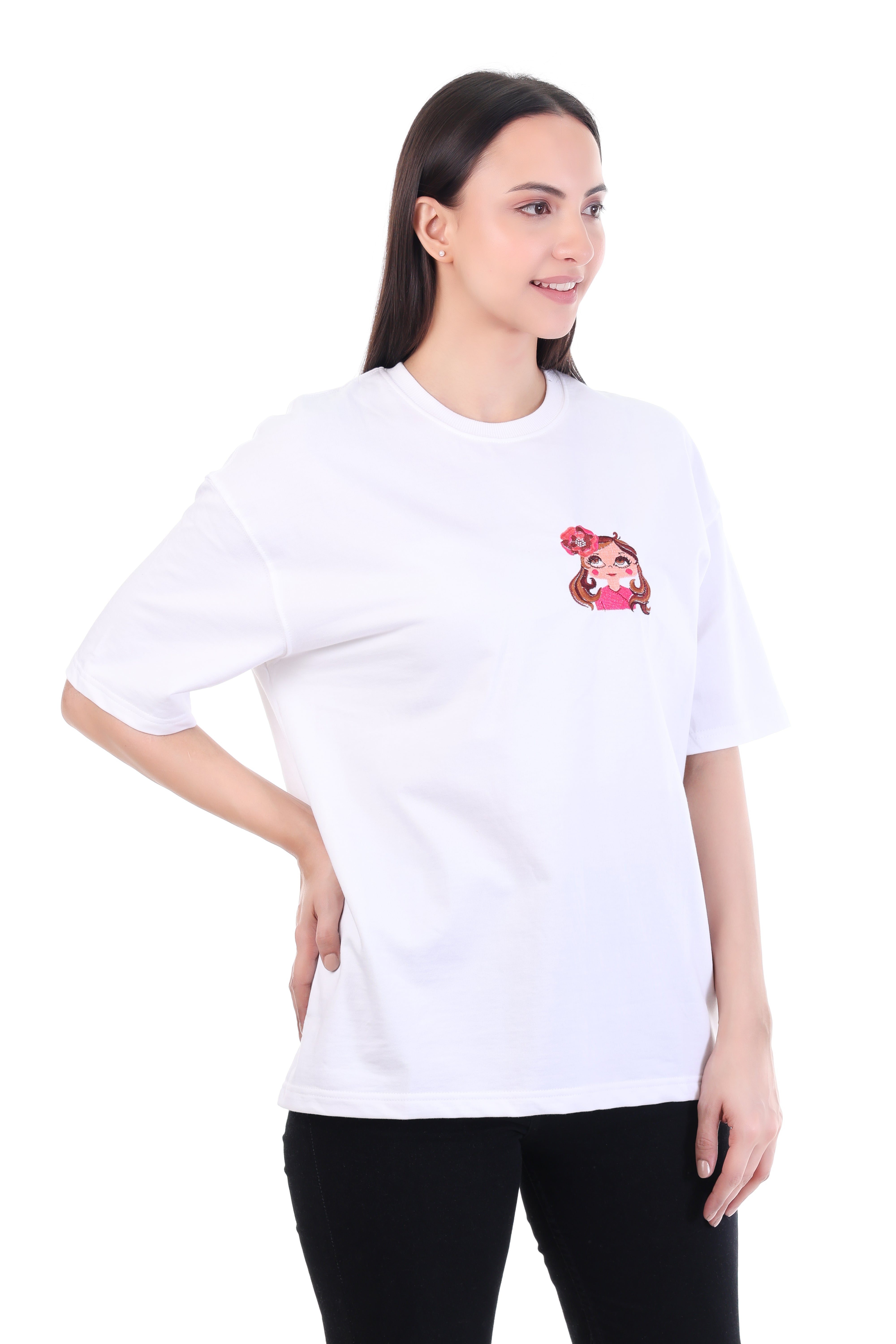 Petal Muse – White Embroidered T-Shirt for Women | VVM Vastra
