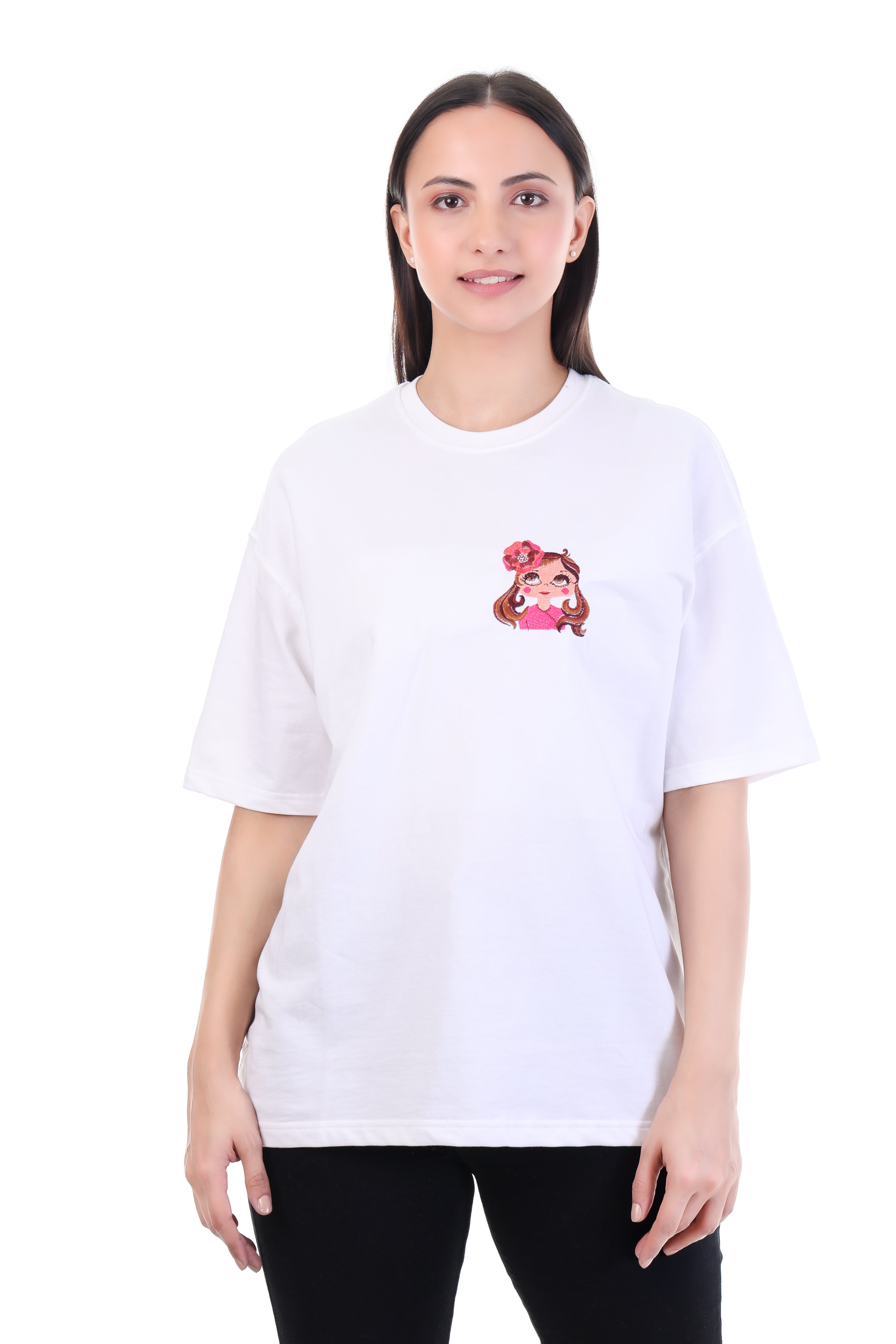Petal Muse – White Embroidered T-Shirt for Women | VVM Vastra