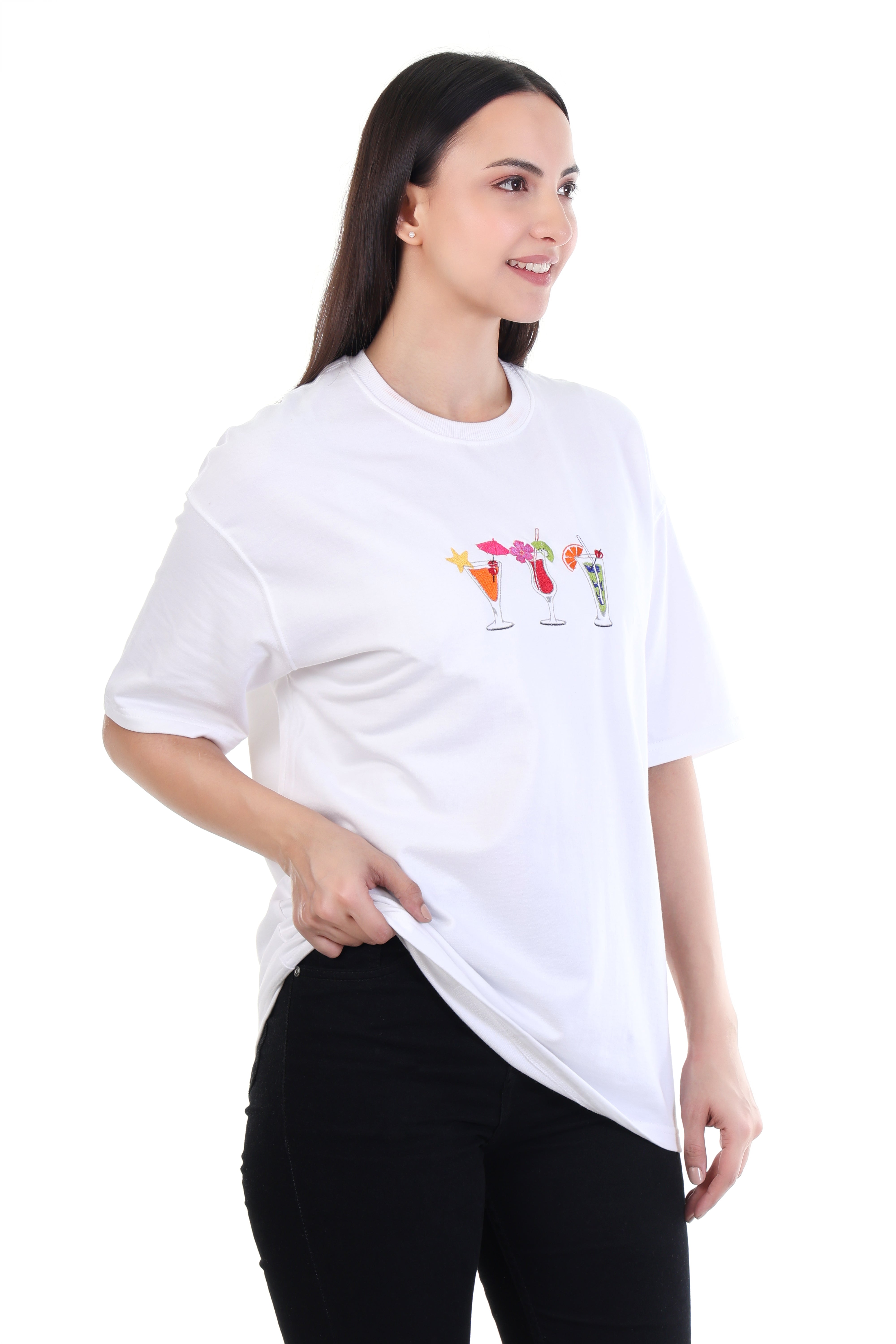 Sips by the Shore – White Beach Drink Embroidered T-Shirt for Women