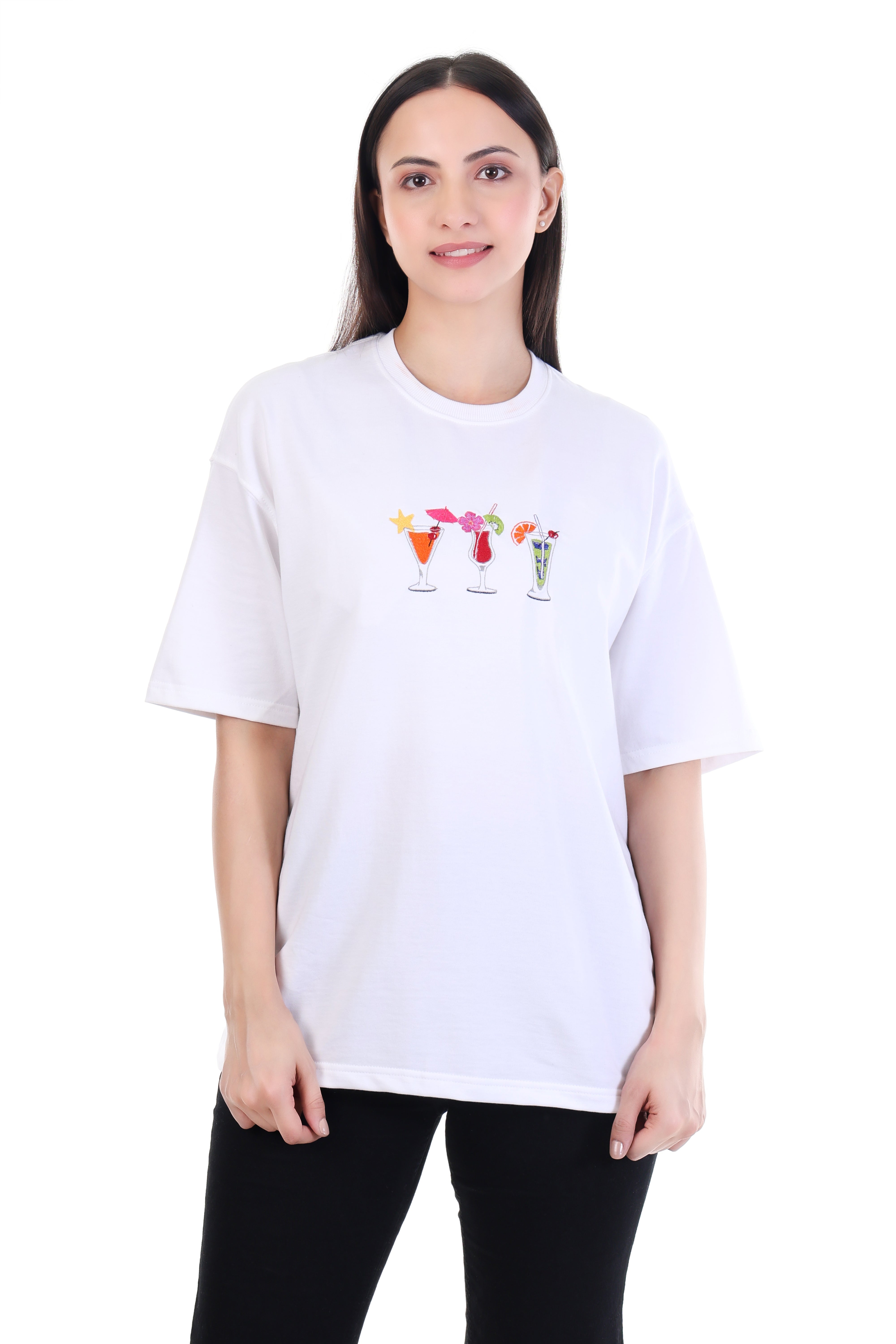 Sips by the Shore – White Beach Drink Embroidered T-Shirt for Women