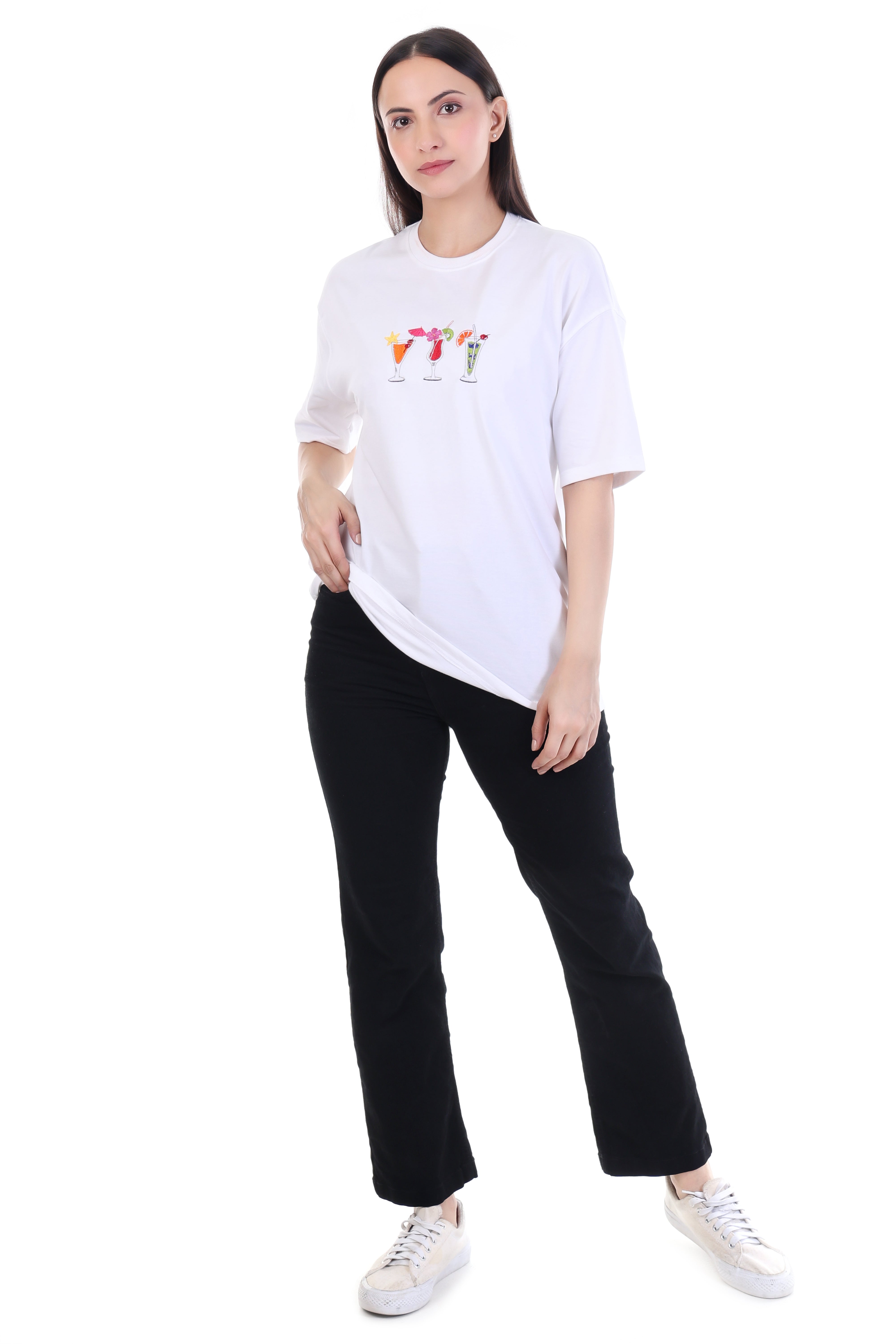 Sips by the Shore – White Beach Drink Embroidered T-Shirt for Women