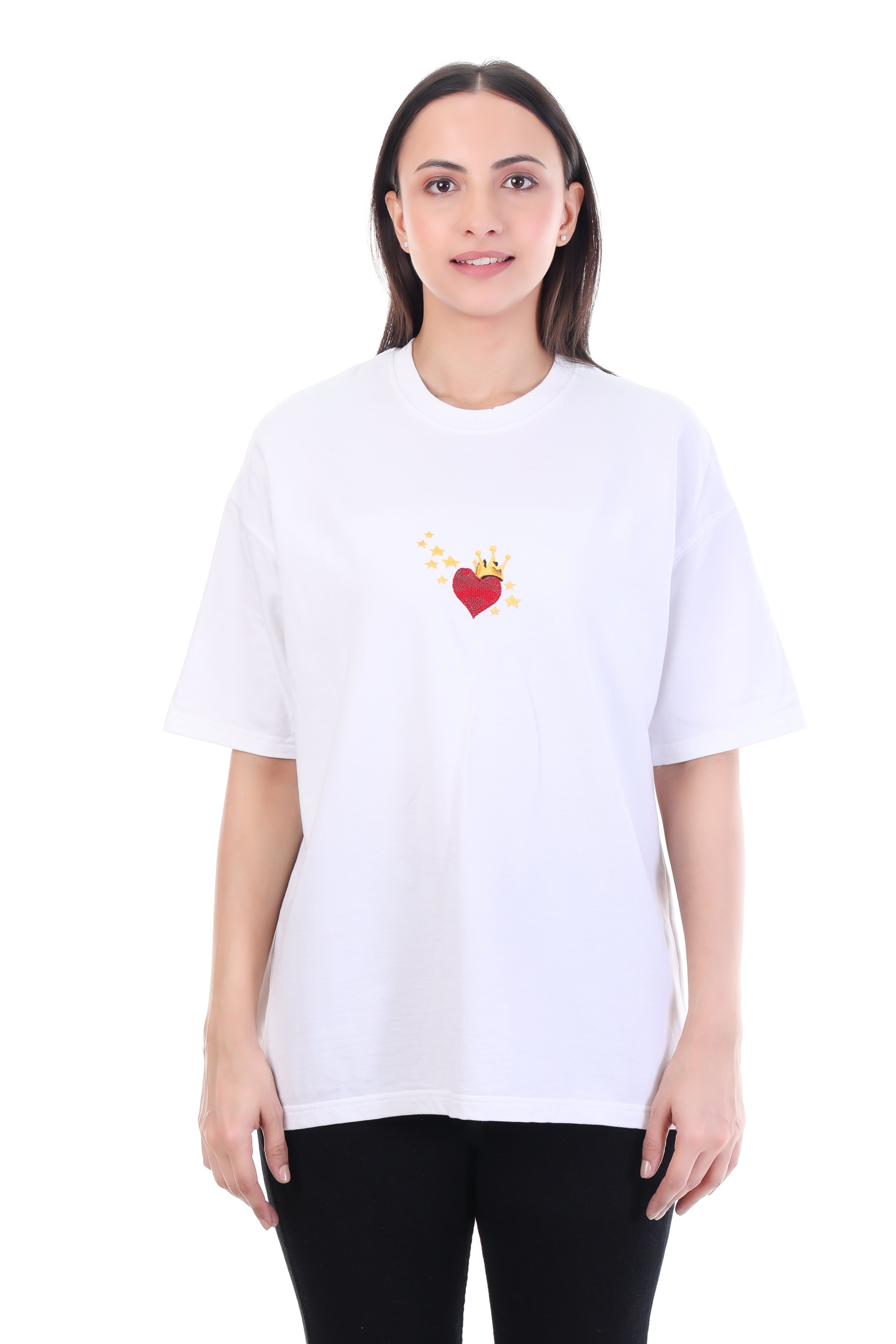 Queen of Hearts – White Crowned Heart Embroidered T-Shirt