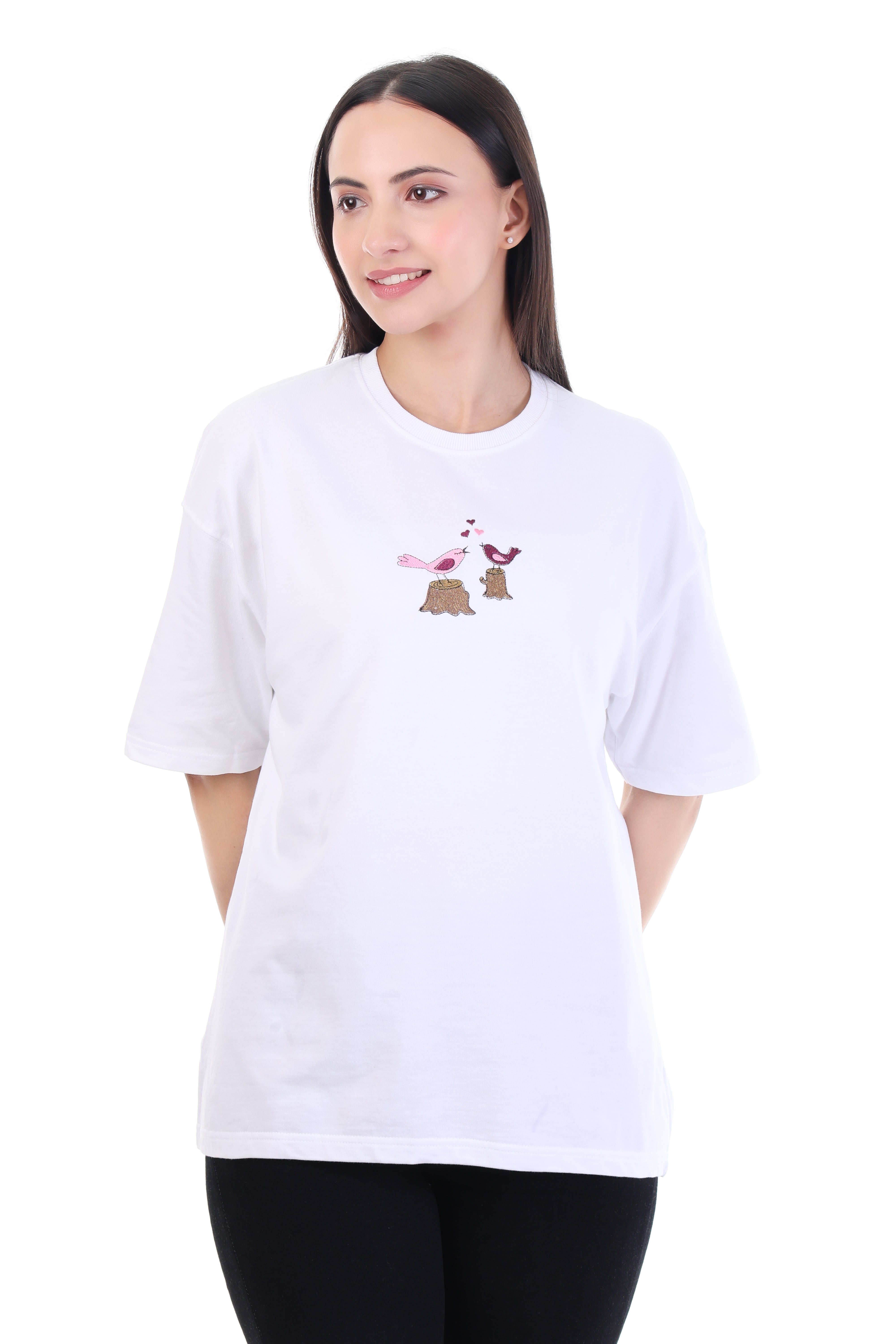 Feathered Love – White Embroidered T-Shirt for Women