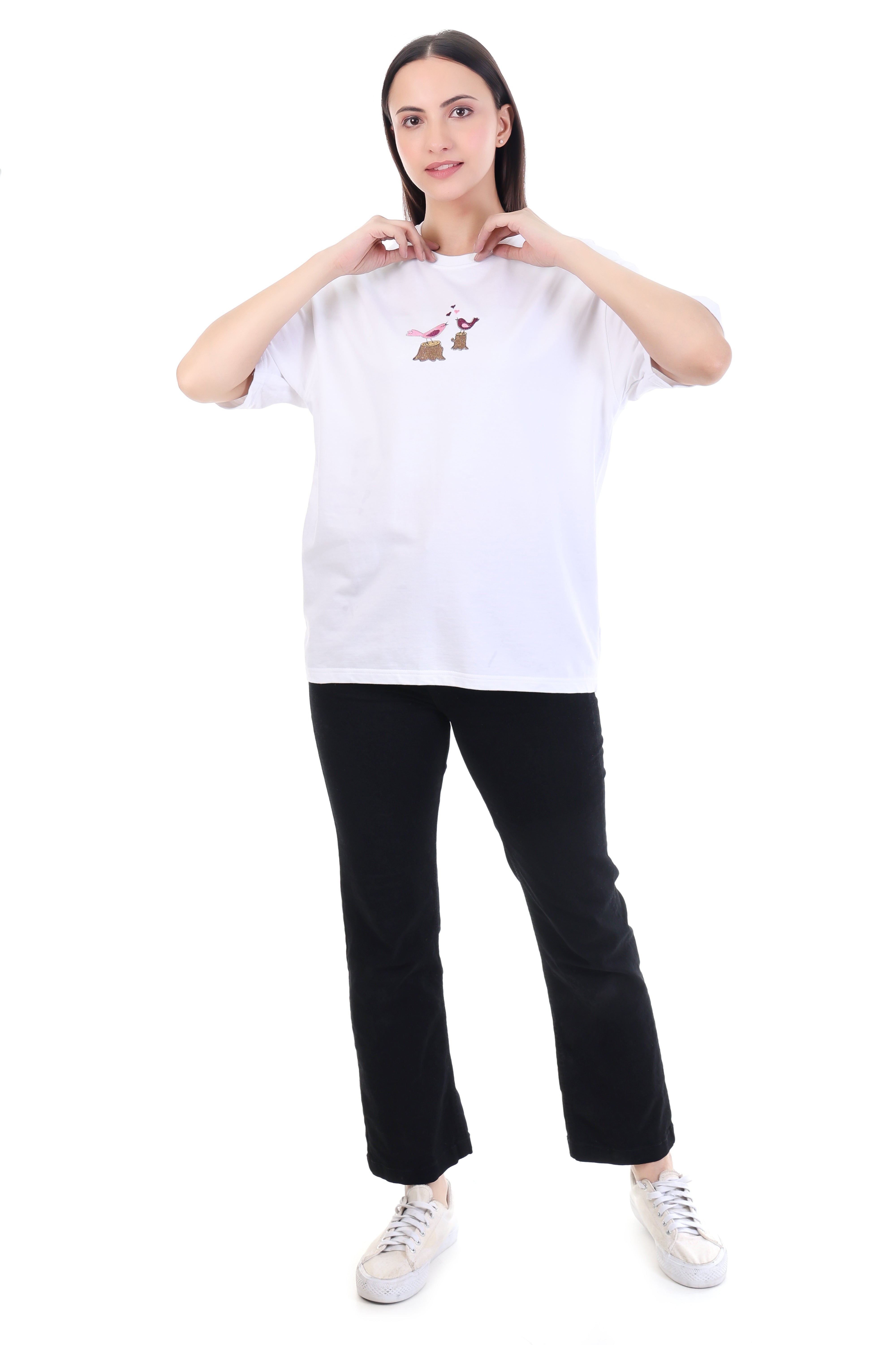Feathered Love – White Embroidered T-Shirt for Women