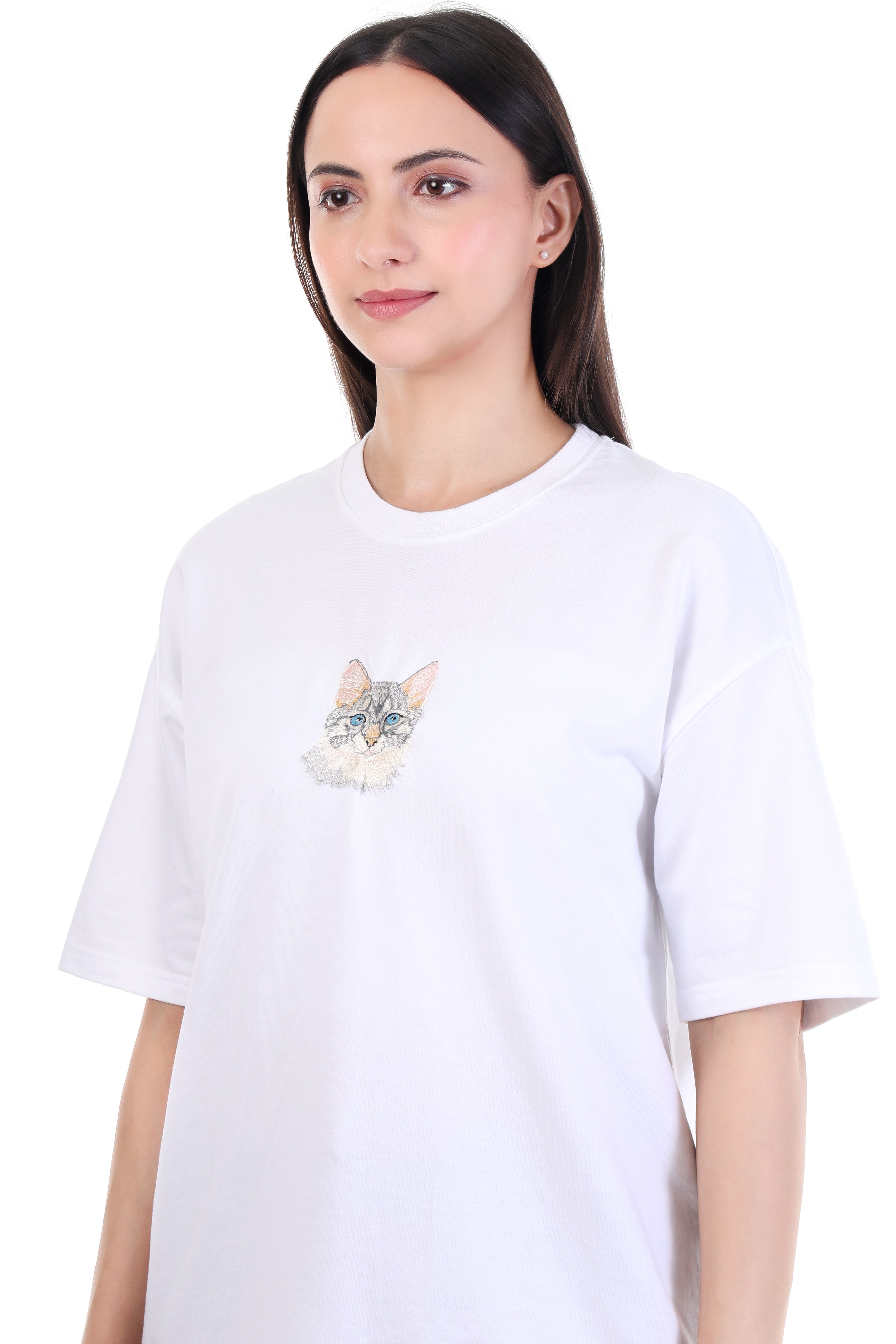 Curious Whiskers – White Cat Embroidered T-Shirt for Women