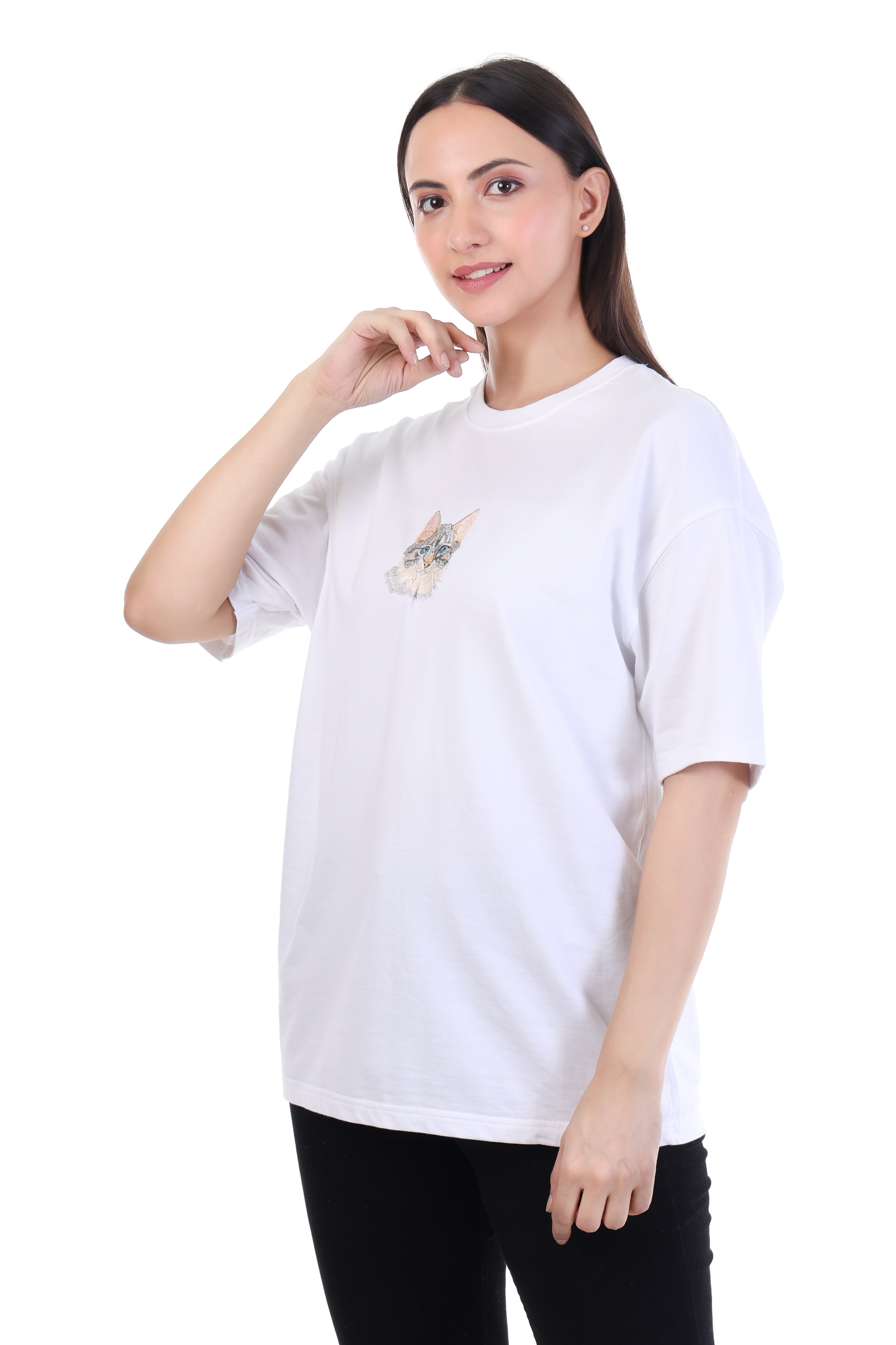 Curious Whiskers – White Cat Embroidered T-Shirt for Women