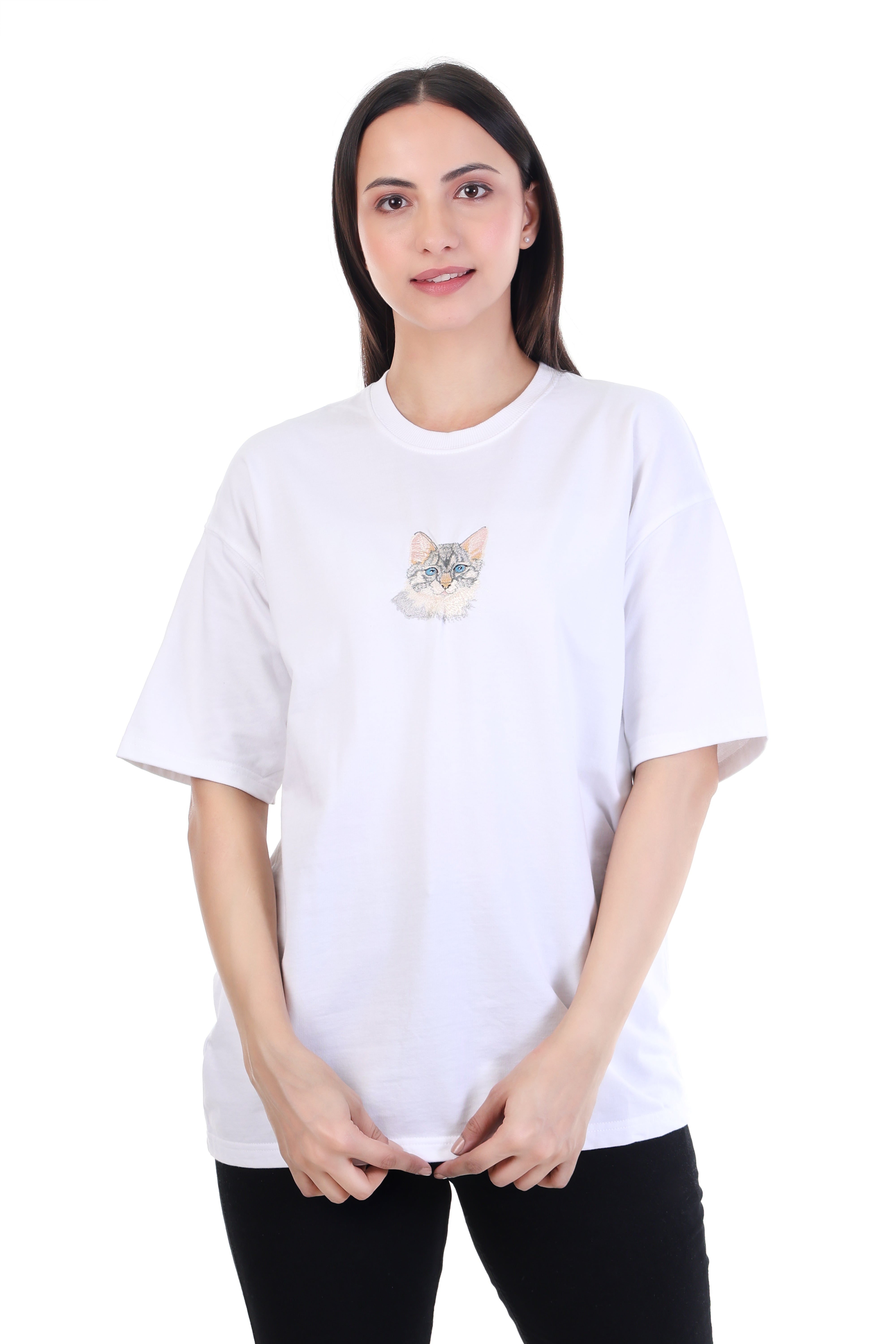 Curious Whiskers – White Cat Embroidered T-Shirt for Women