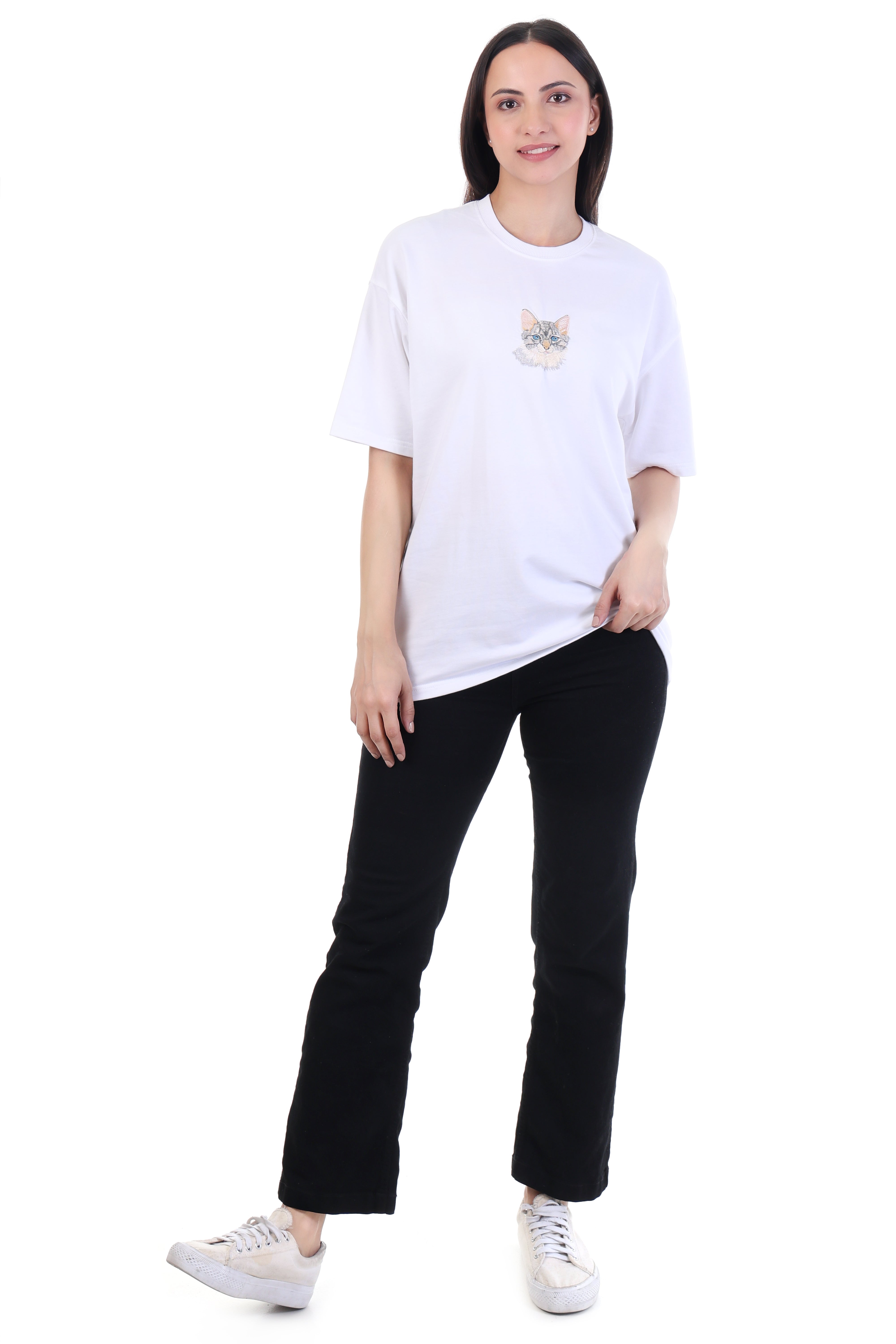 Curious Whiskers – White Cat Embroidered T-Shirt for Women