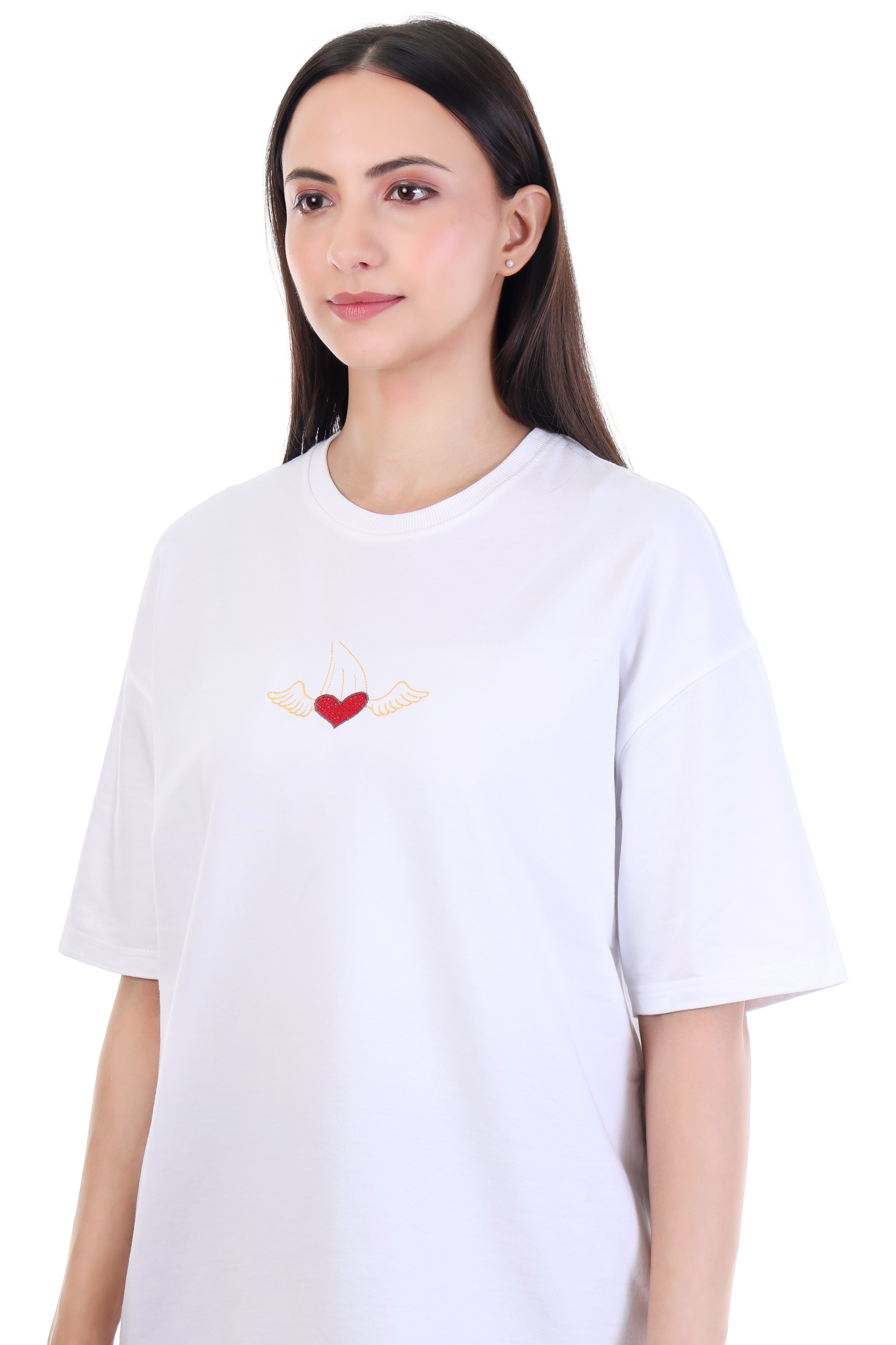 Heart in Flight – White Winged Heart Embroidered T-Shirt for Women