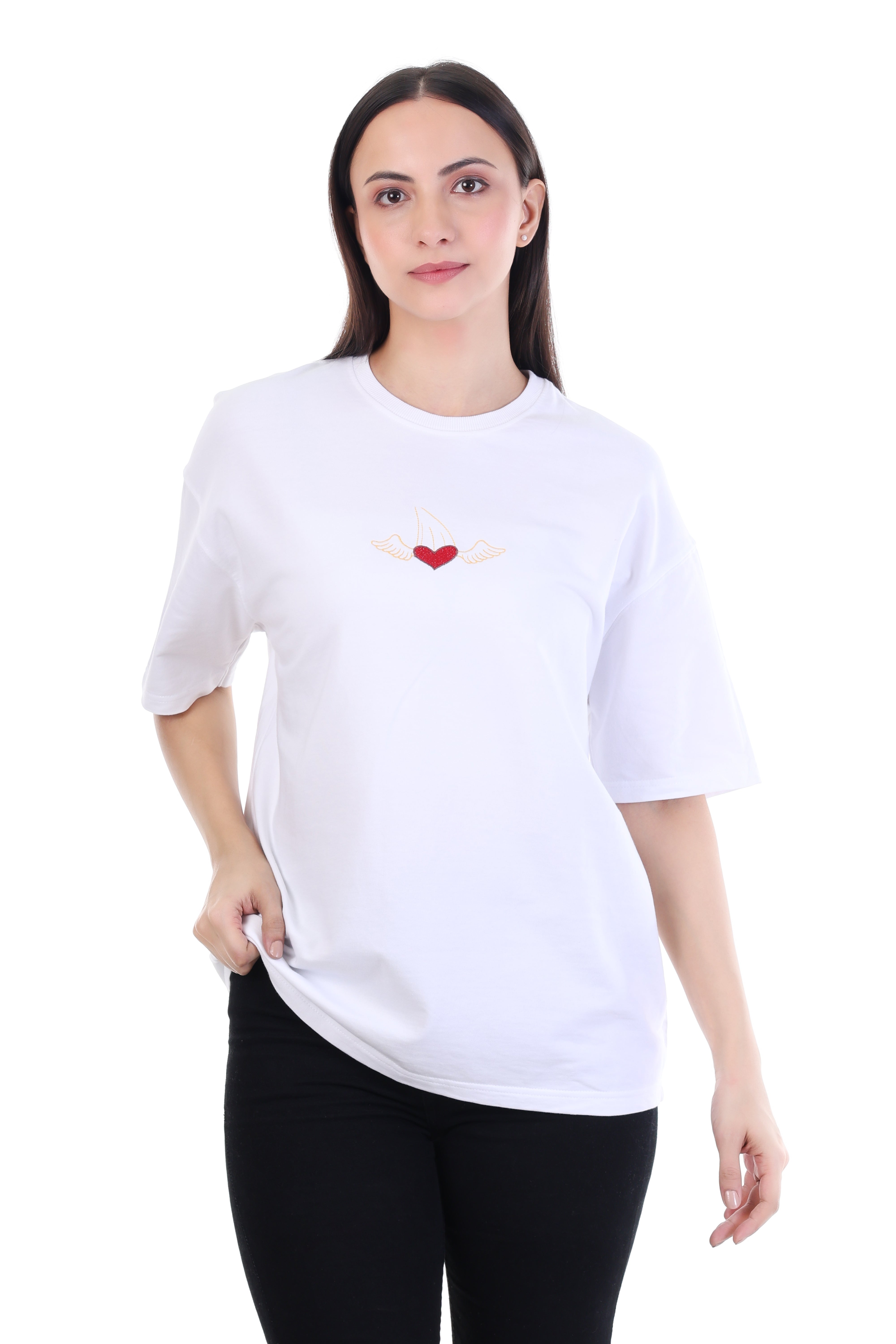 Heart in Flight – White Winged Heart Embroidered T-Shirt for Women