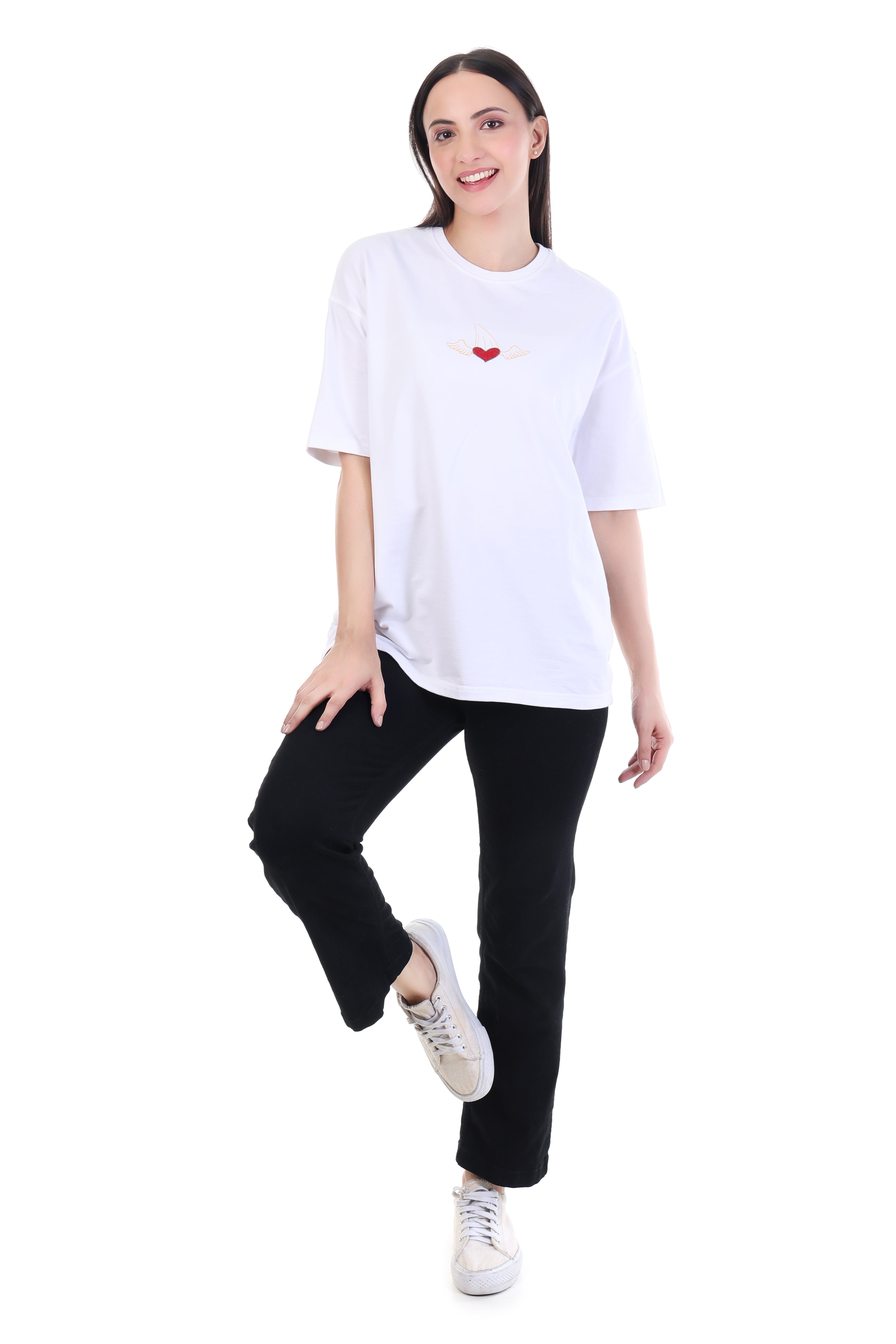 Heart in Flight – White Winged Heart Embroidered T-Shirt for Women