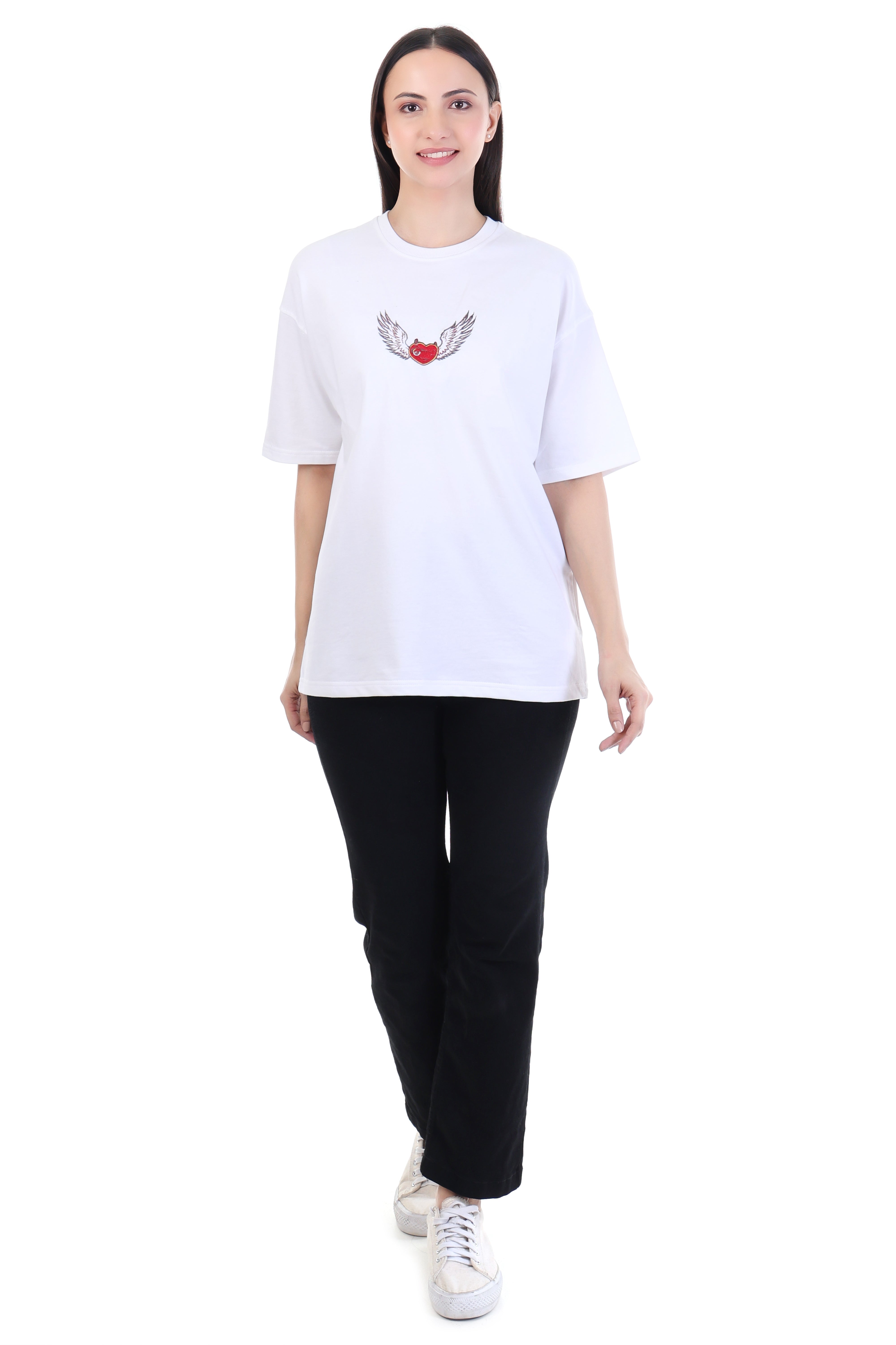 Rebel Heart – White Attitude Winged Heart T-Shirt for Women
