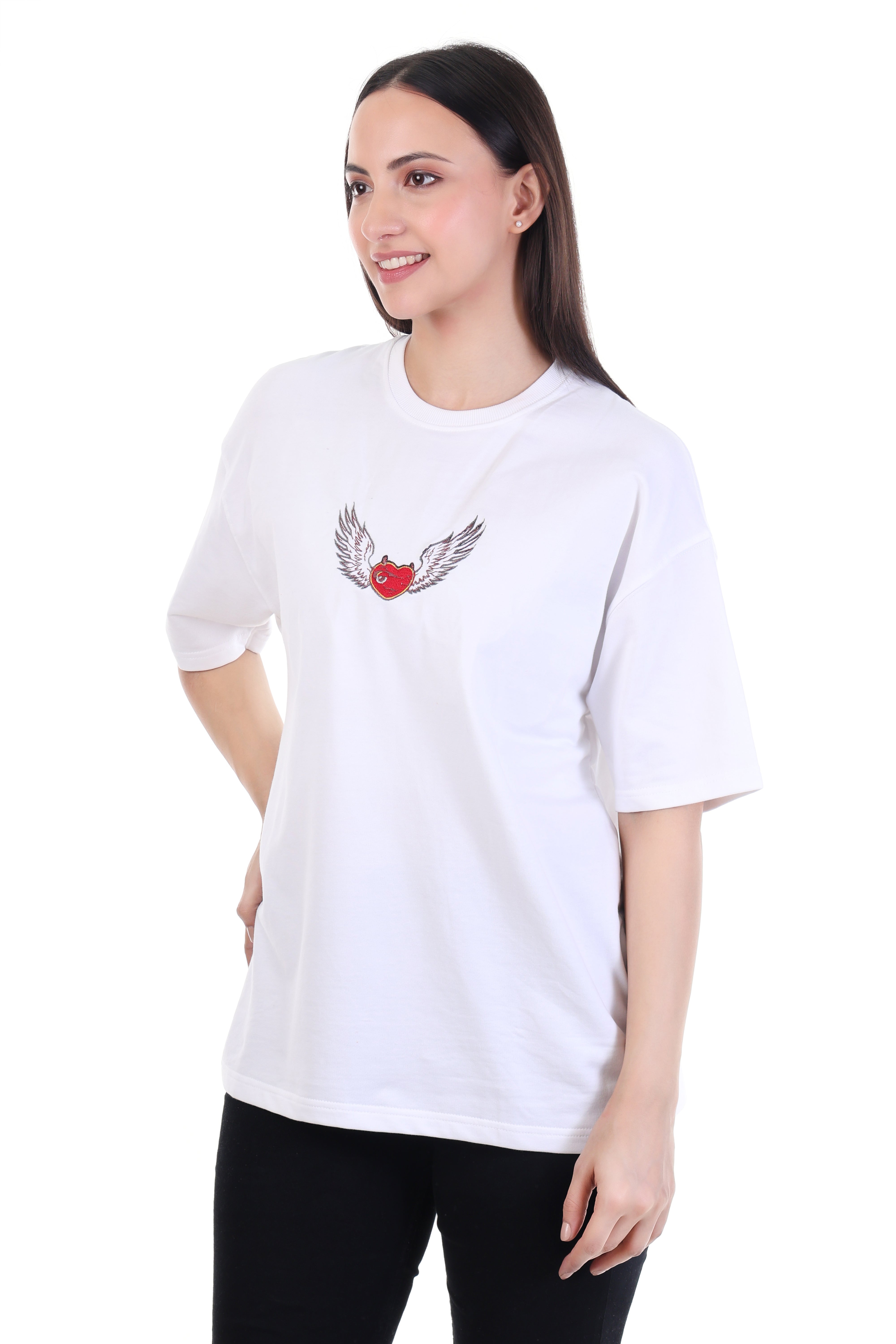 Rebel Heart – White Attitude Winged Heart T-Shirt for Women