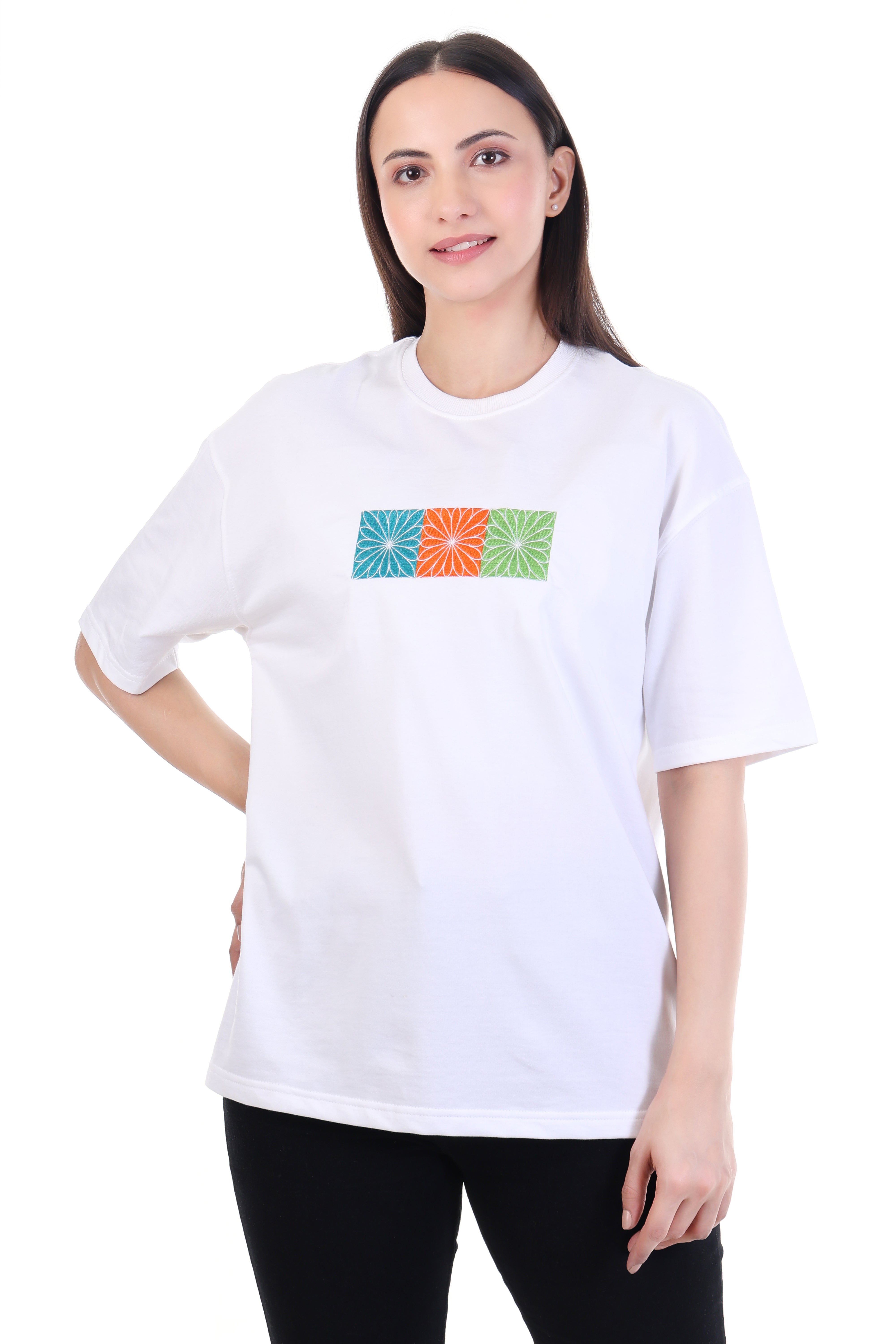 Structured Bloom – White Floral Grid Embroidered T-Shirt for Women