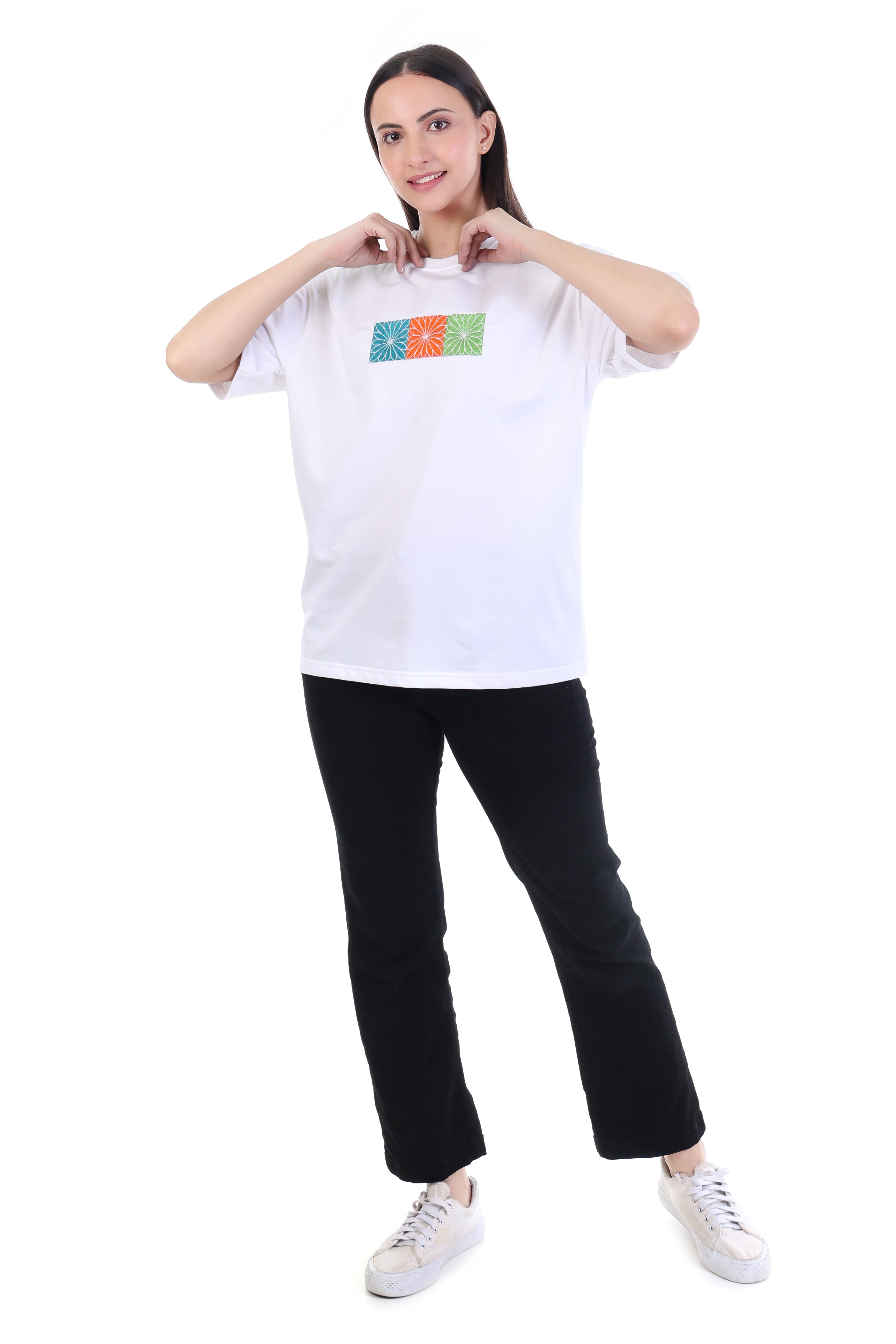 Structured Bloom – White Floral Grid Embroidered T-Shirt for Women