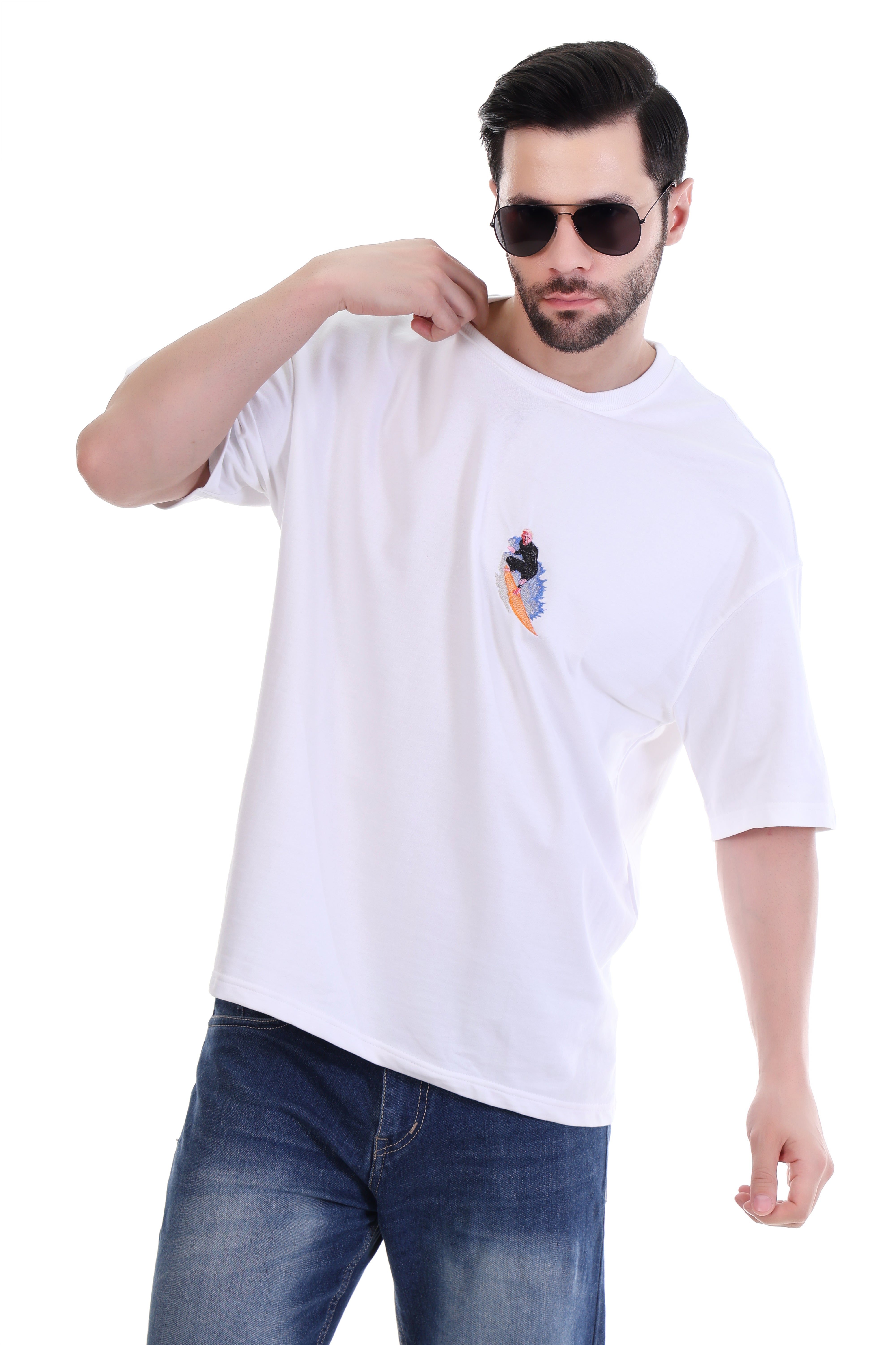 Men’s Oversized White Surf Embroidered T-Shirt | Pure Cotton Streetwear India