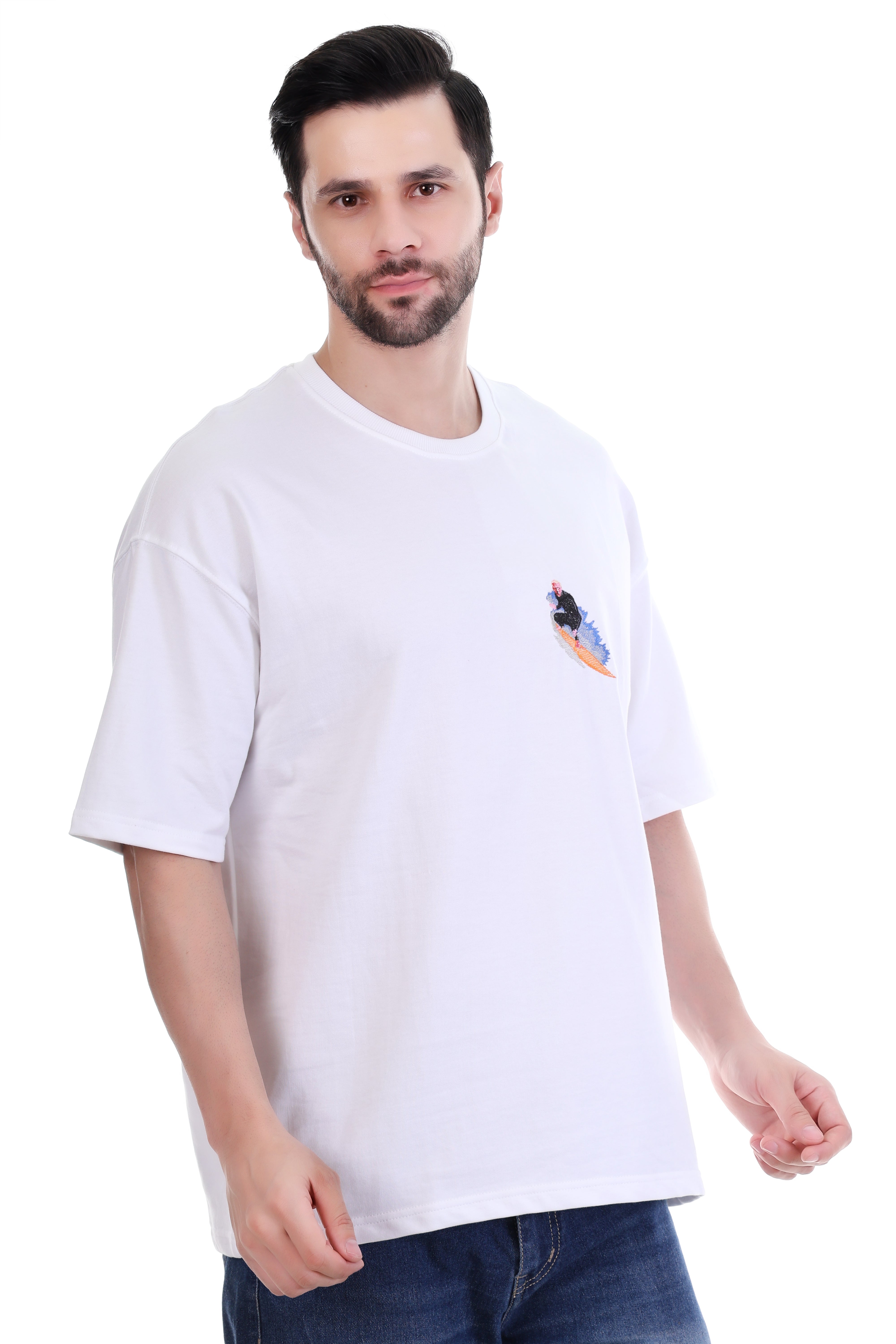 Men’s Oversized White Surf Embroidered T-Shirt | Pure Cotton Streetwear India