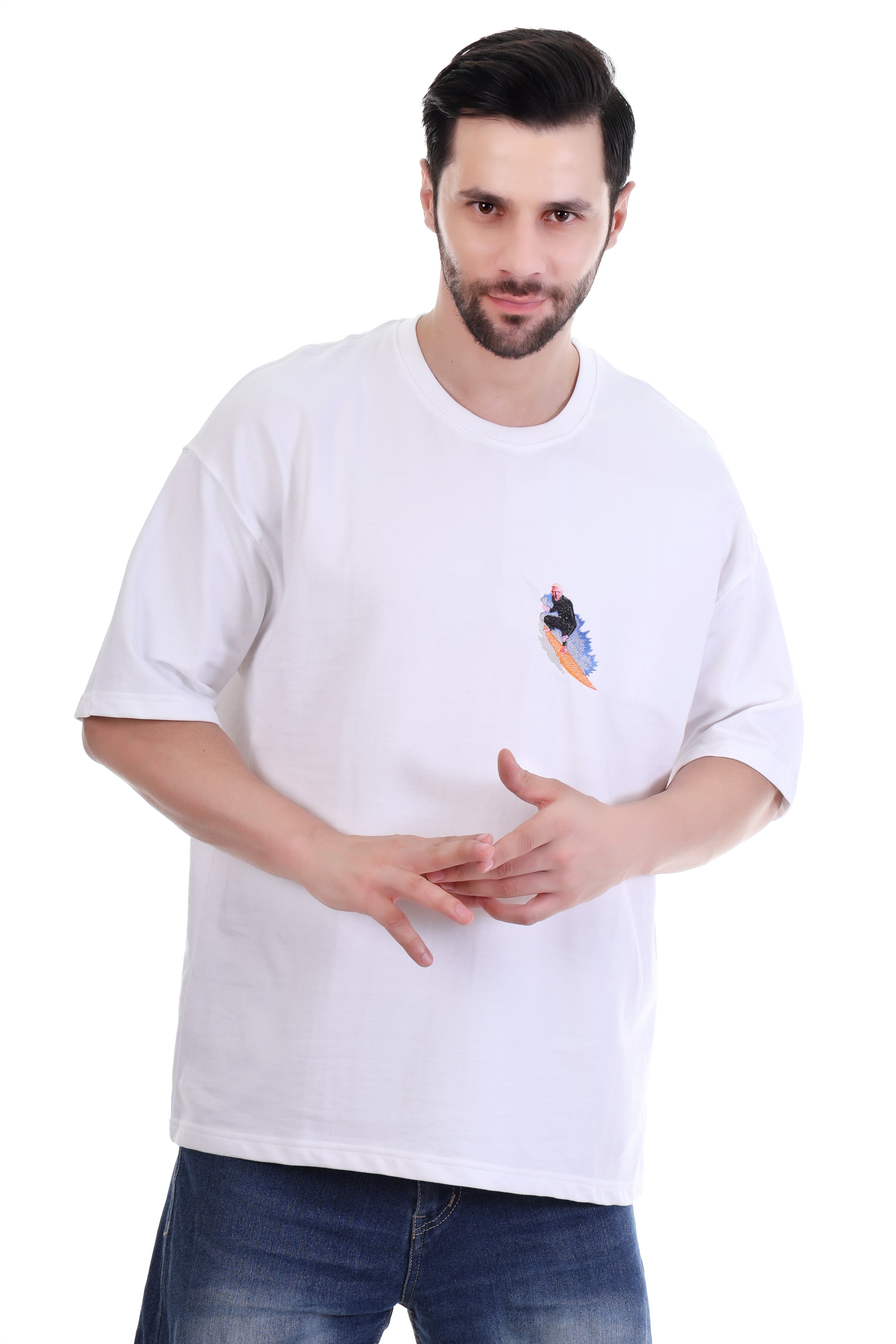 Men’s Oversized White Surf Embroidered T-Shirt | Pure Cotton Streetwear India