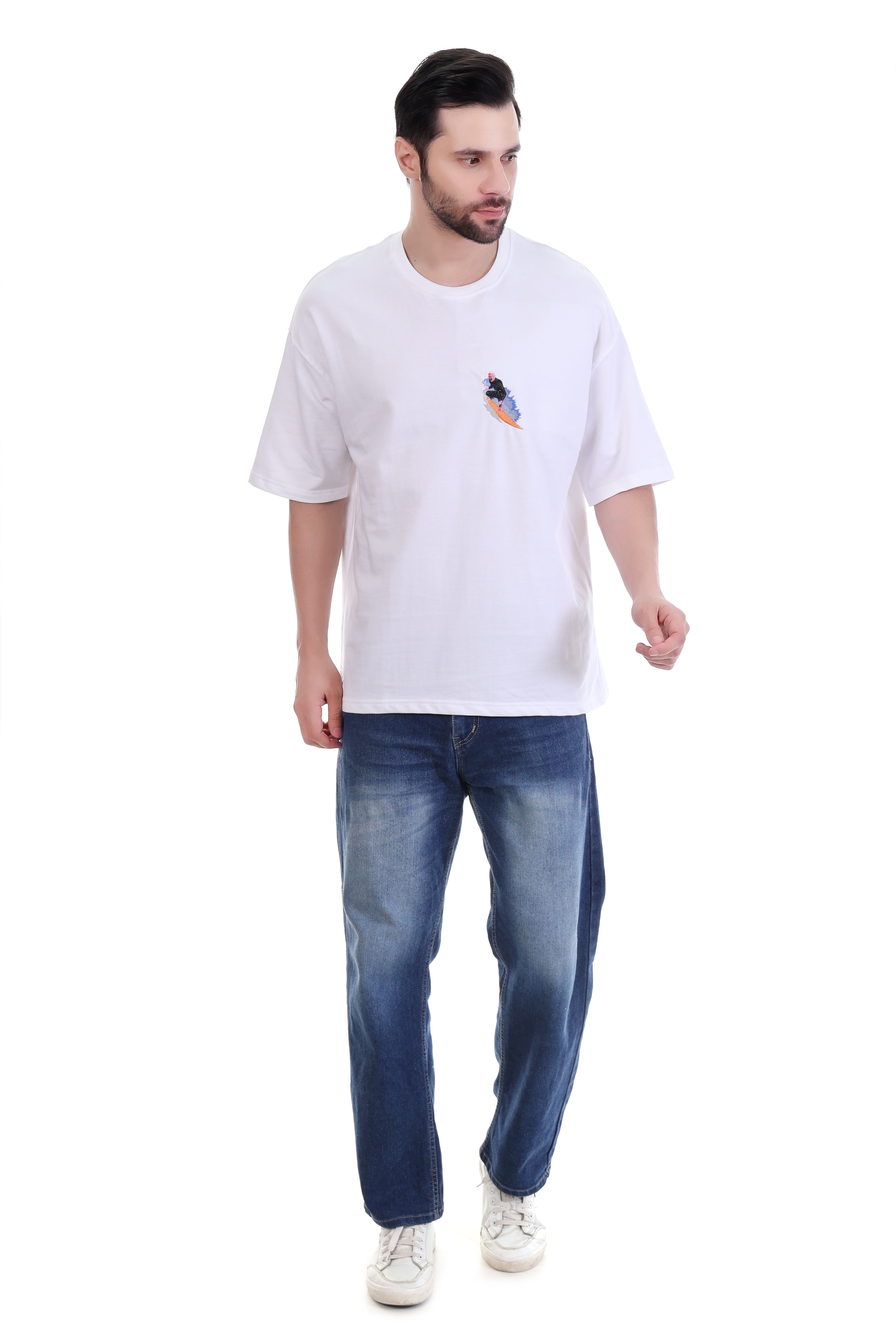 Men’s Oversized White Surf Embroidered T-Shirt | Pure Cotton Streetwear India