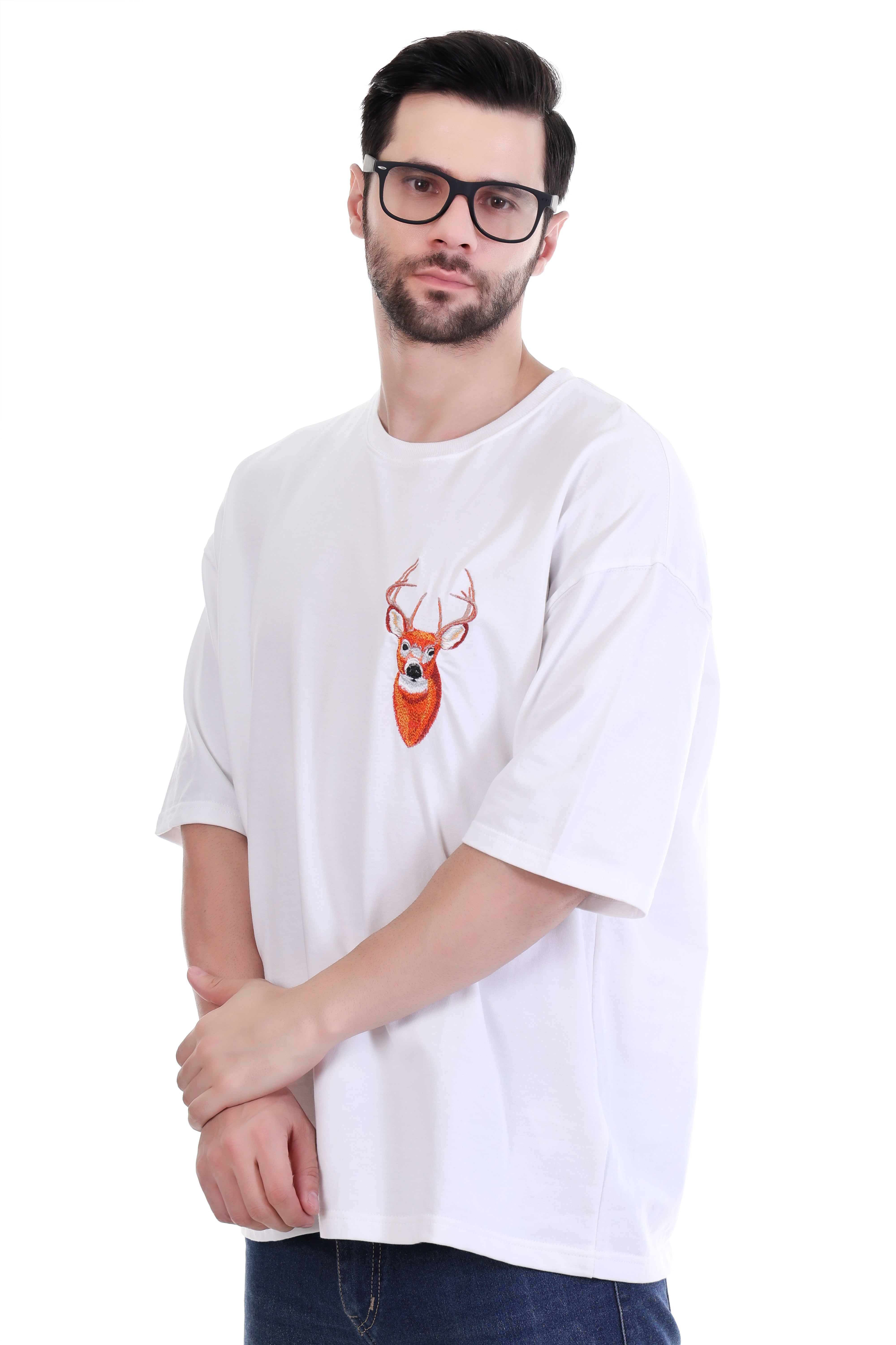 Men’s Oversized White Deer Embroidered T-Shirt | 100% Pure Cotton | Minimal Streetwear
