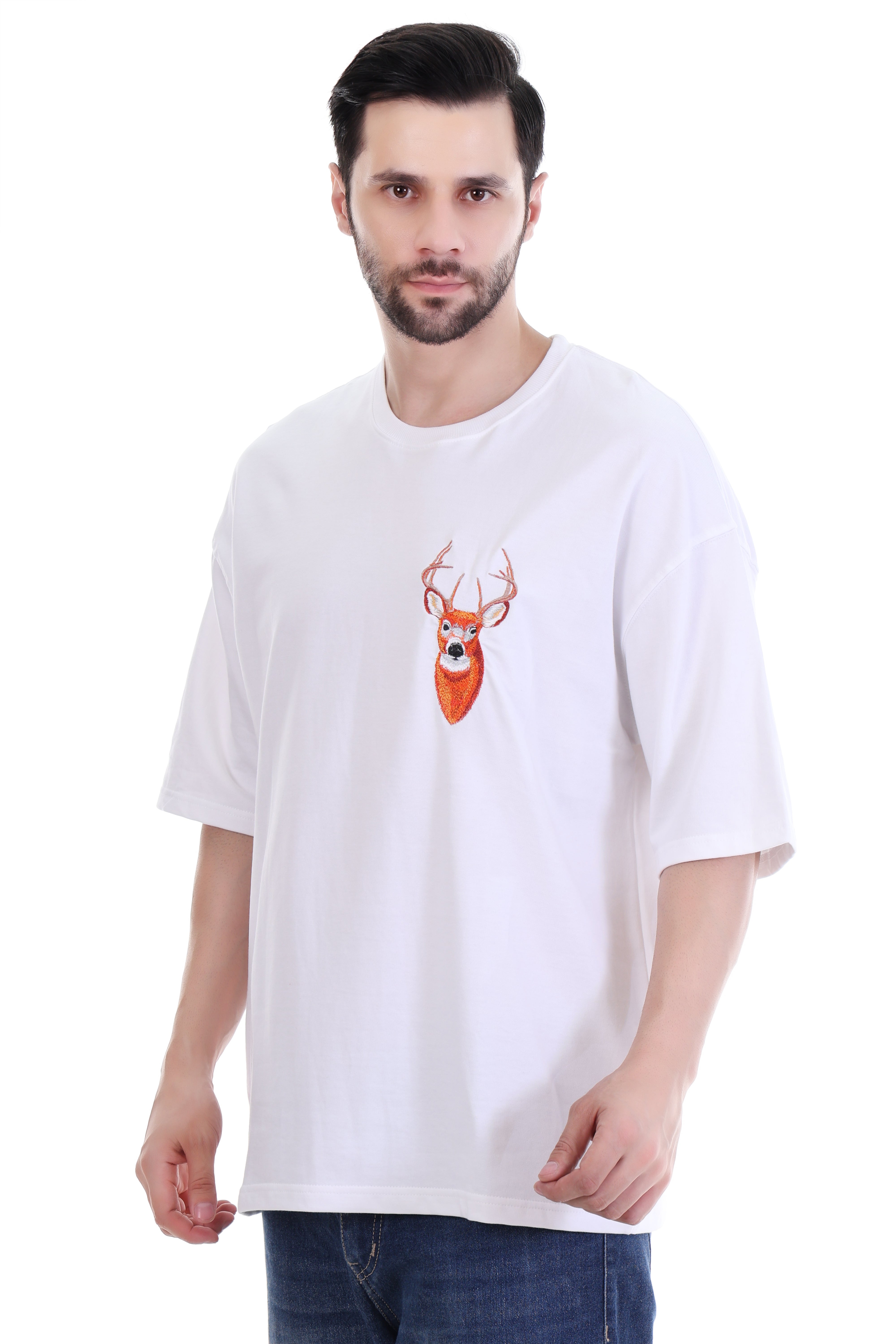 Men’s Oversized White Deer Embroidered T-Shirt | 100% Pure Cotton | Minimal Streetwear