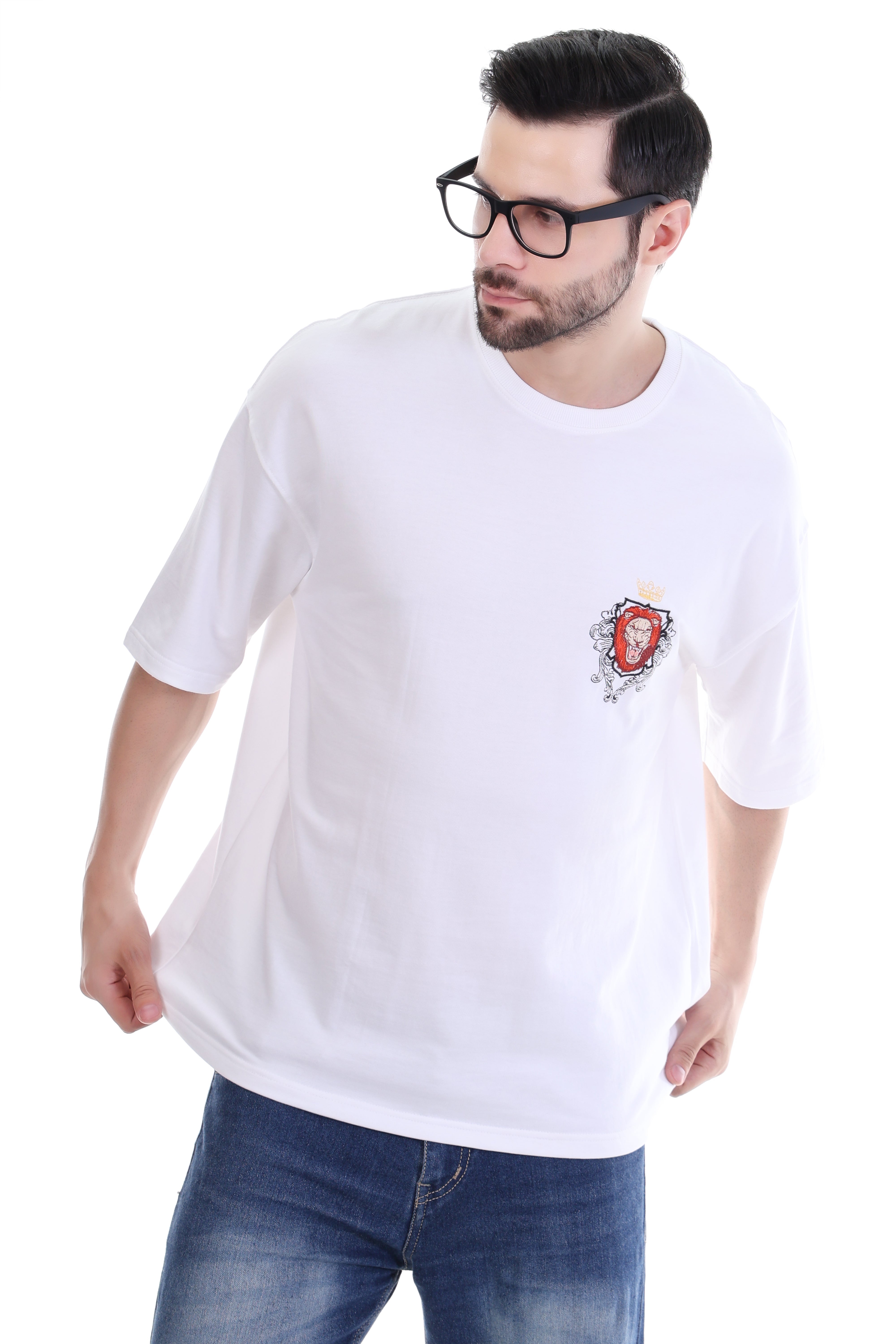 Men’s Oversized White Royal Lion Embroidered T-Shirt | 100% Cotton | Crown Crest Design