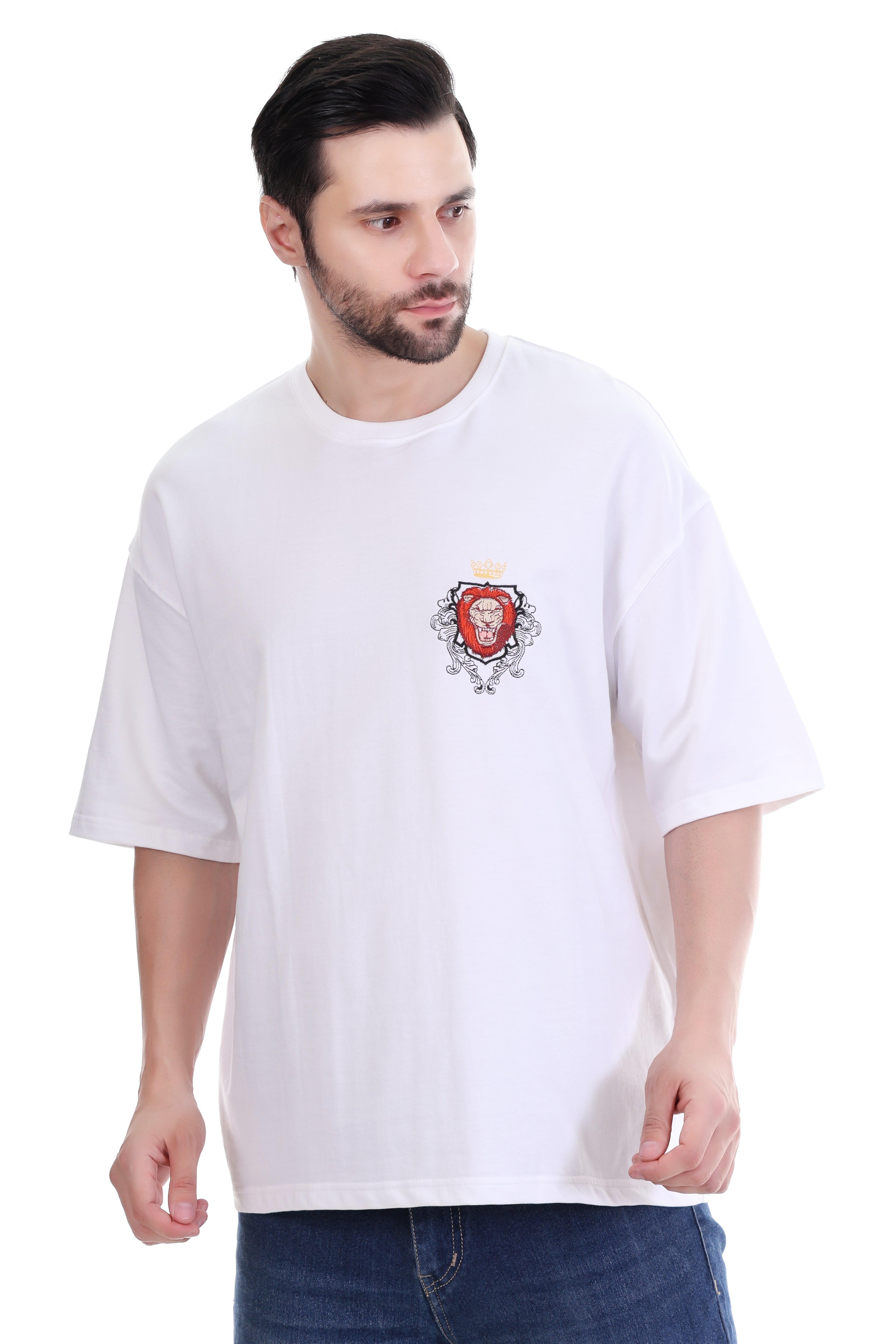 Men’s Oversized White Royal Lion Embroidered T-Shirt | 100% Cotton | Crown Crest Design
