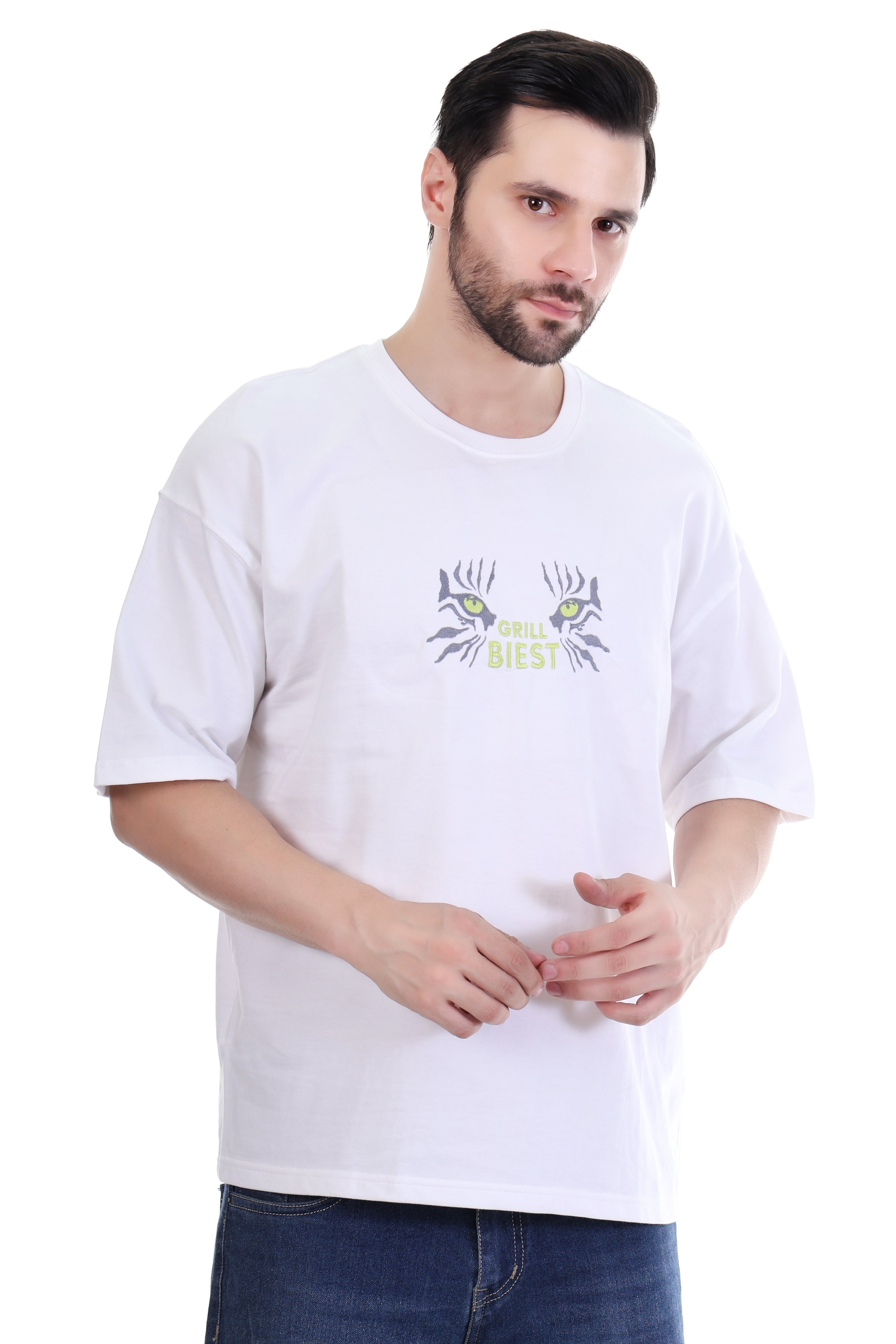 Men’s Oversized White Tiger Eyes Embroidered T-Shirt – “Grill Biest” | Pure Cotton Streetwear