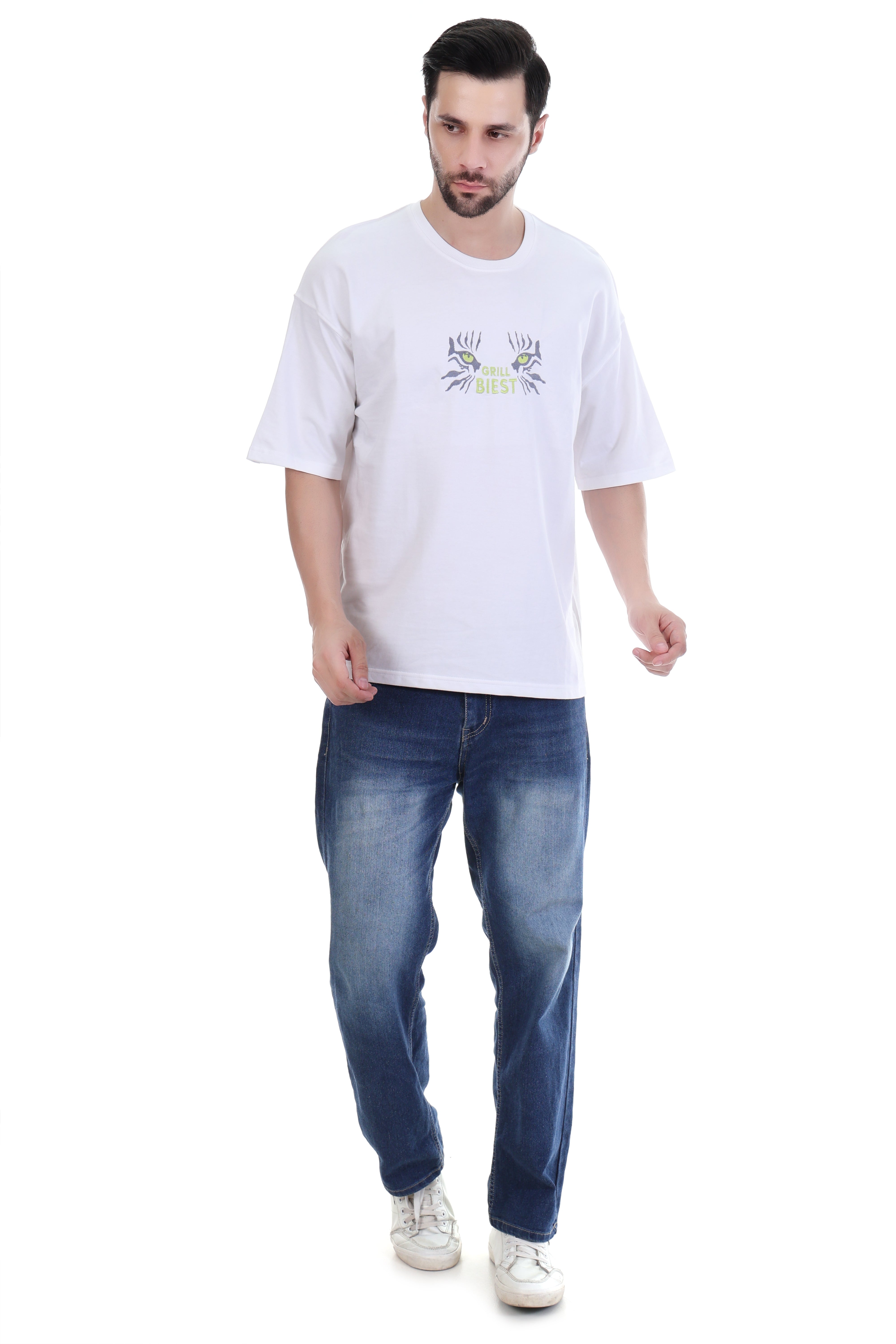 Men’s Oversized White Tiger Eyes Embroidered T-Shirt – “Grill Biest” | Pure Cotton Streetwear