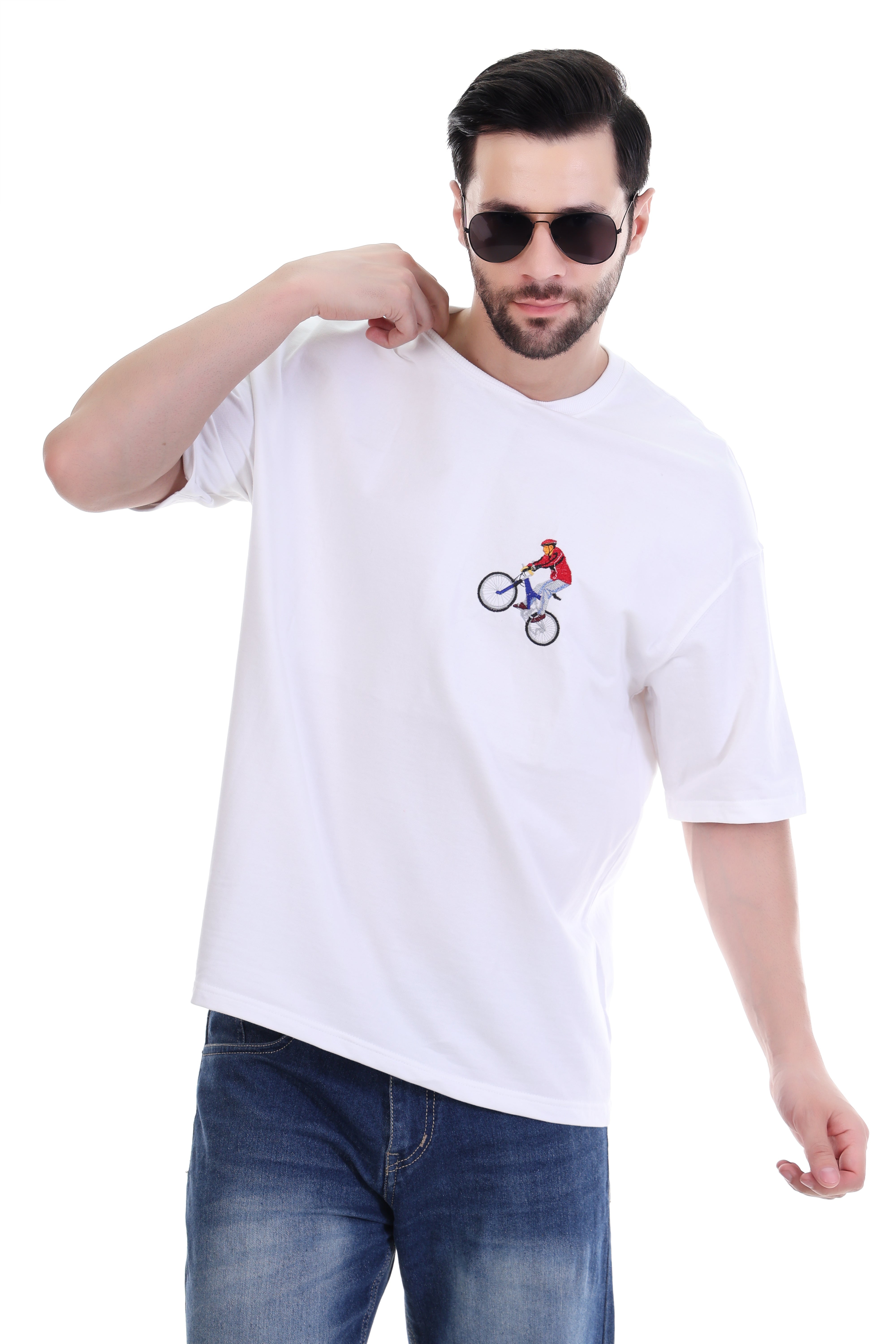 Men’s Oversized White Cyclist Embroidered T-Shirt – 100% Cotton Rider Edition