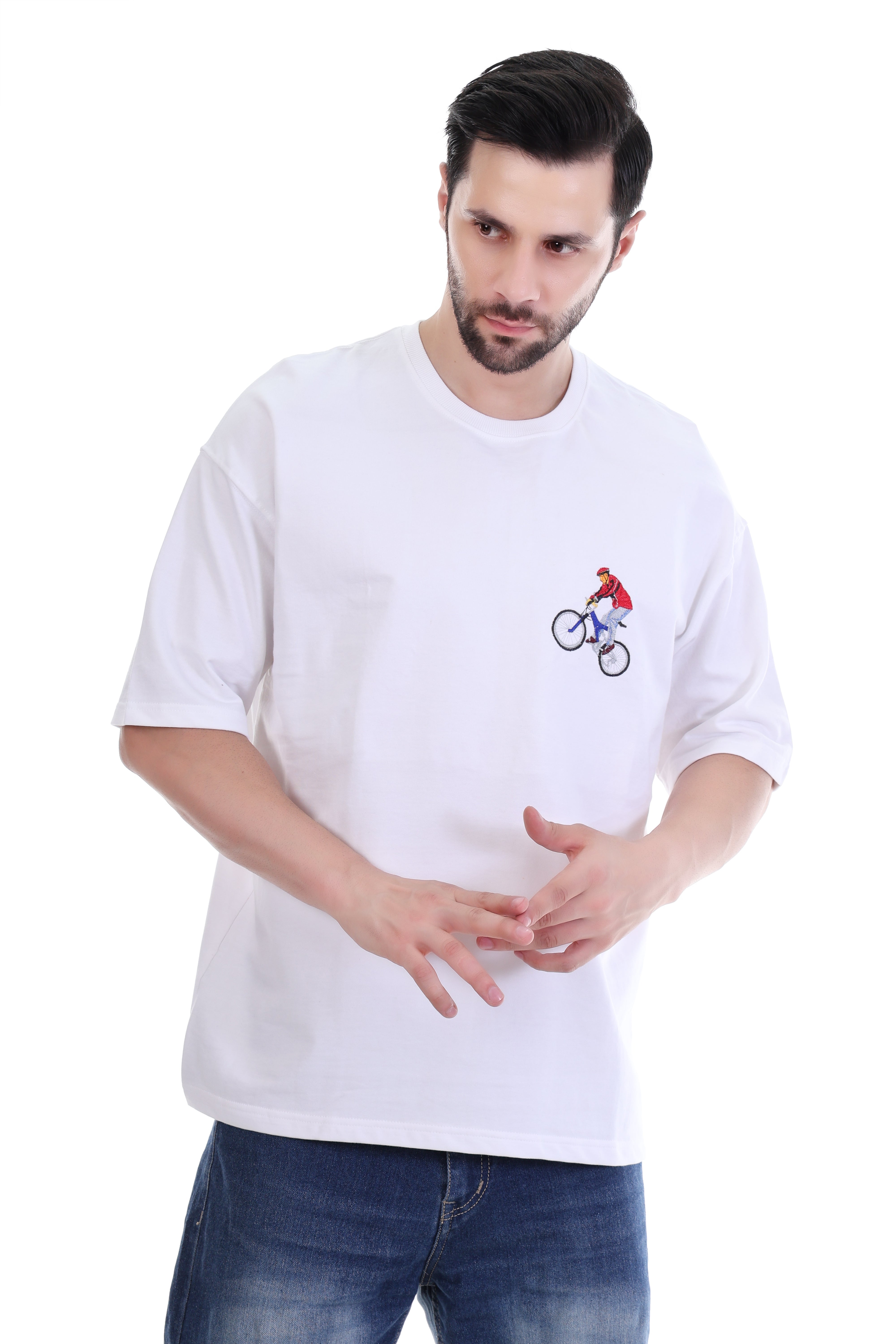 Men’s Oversized White Cyclist Embroidered T-Shirt – 100% Cotton Rider Edition