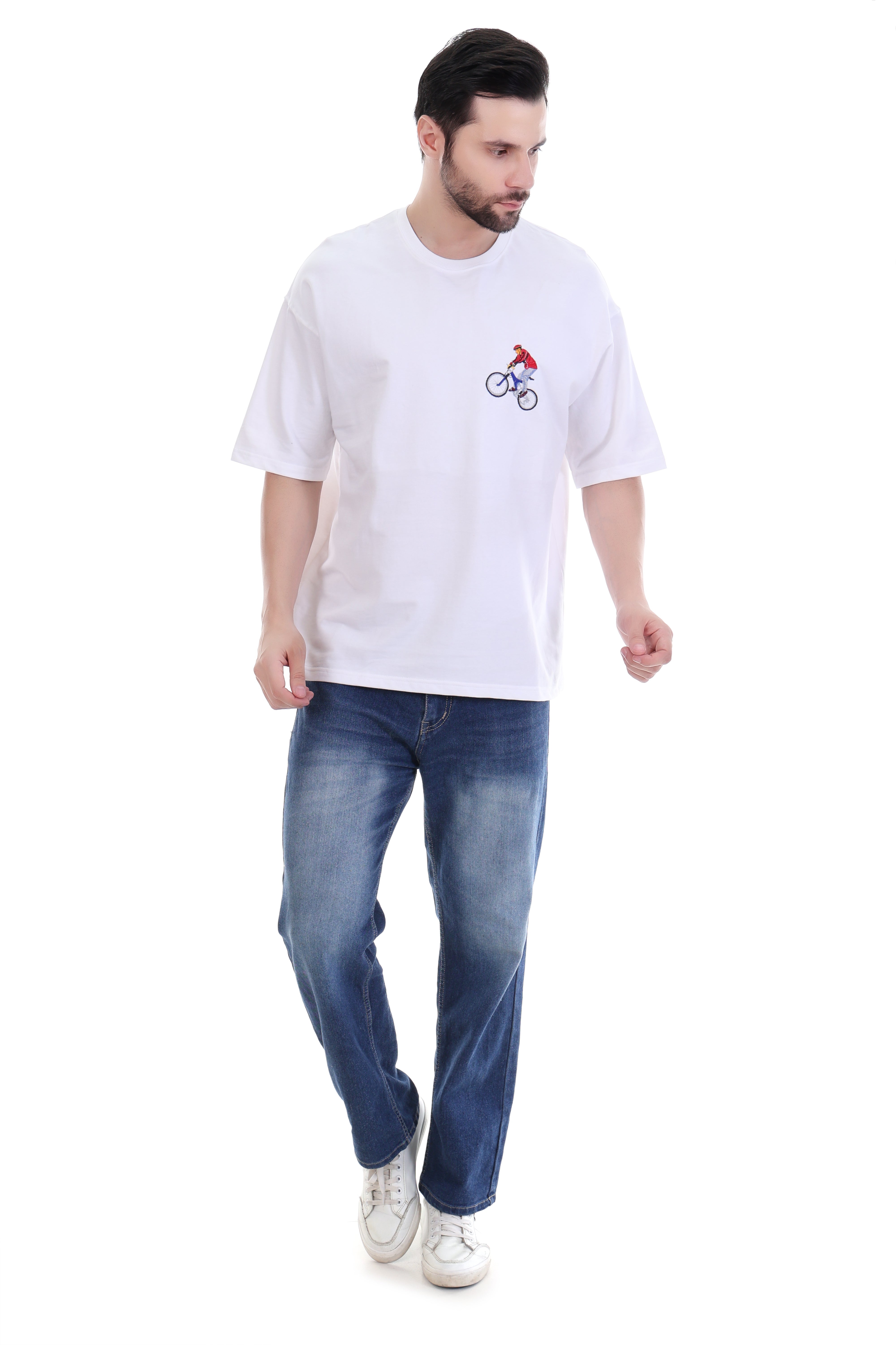 Men’s Oversized White Cyclist Embroidered T-Shirt – 100% Cotton Rider Edition