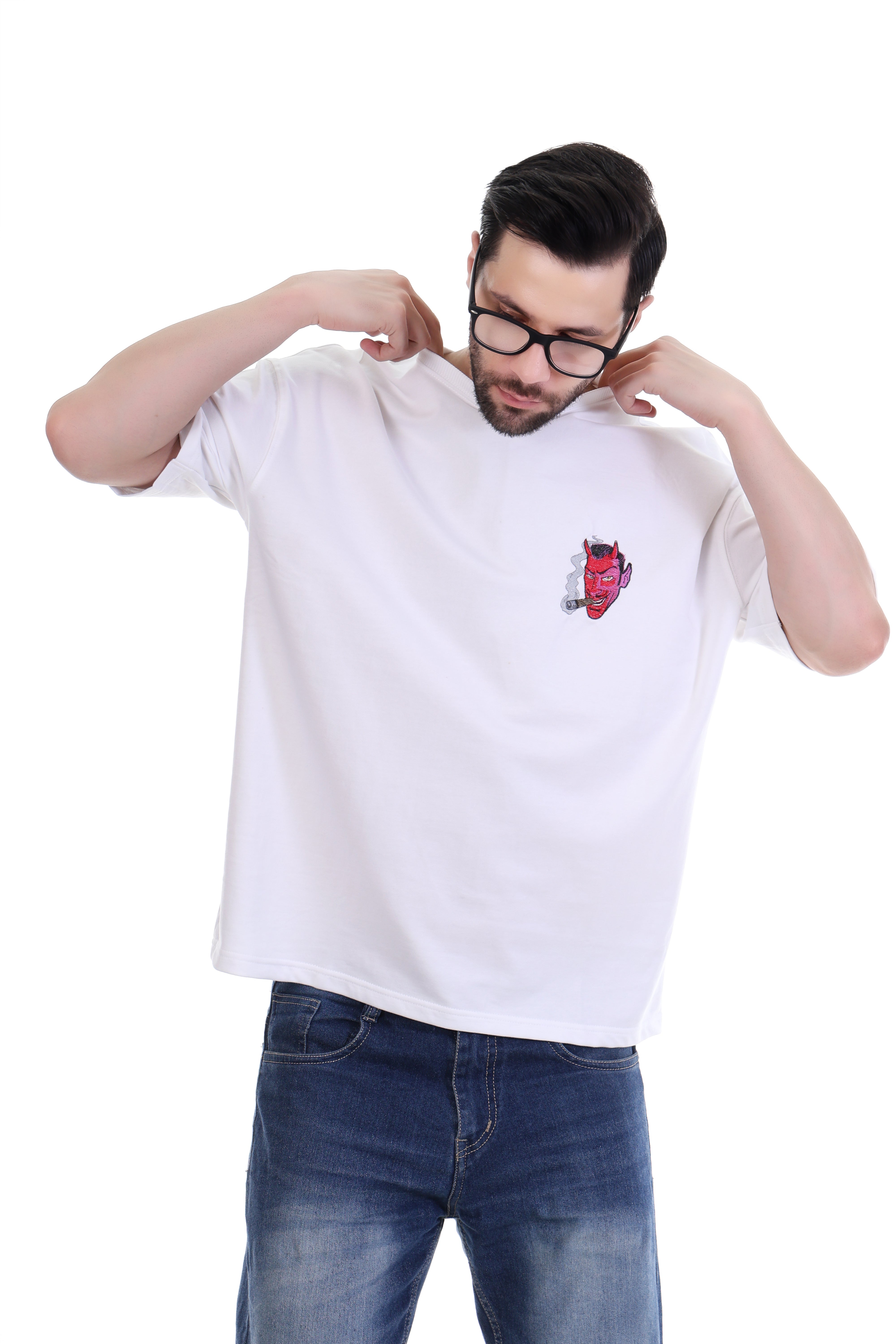 Men’s Oversized White Devil Embroidered T-Shirt – 100% Cotton Rebel Edition