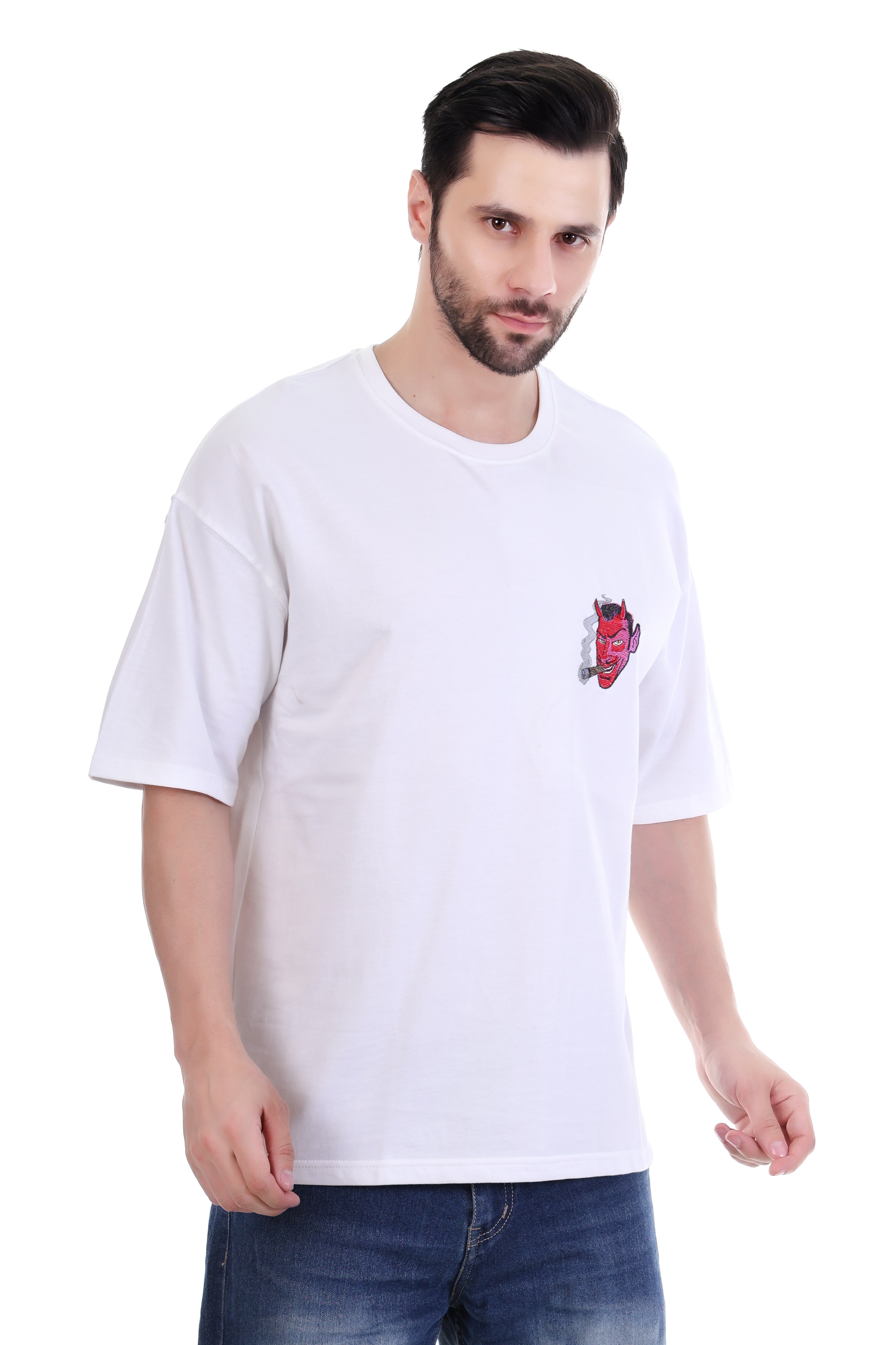 Men’s Oversized White Devil Embroidered T-Shirt – 100% Cotton Rebel Edition