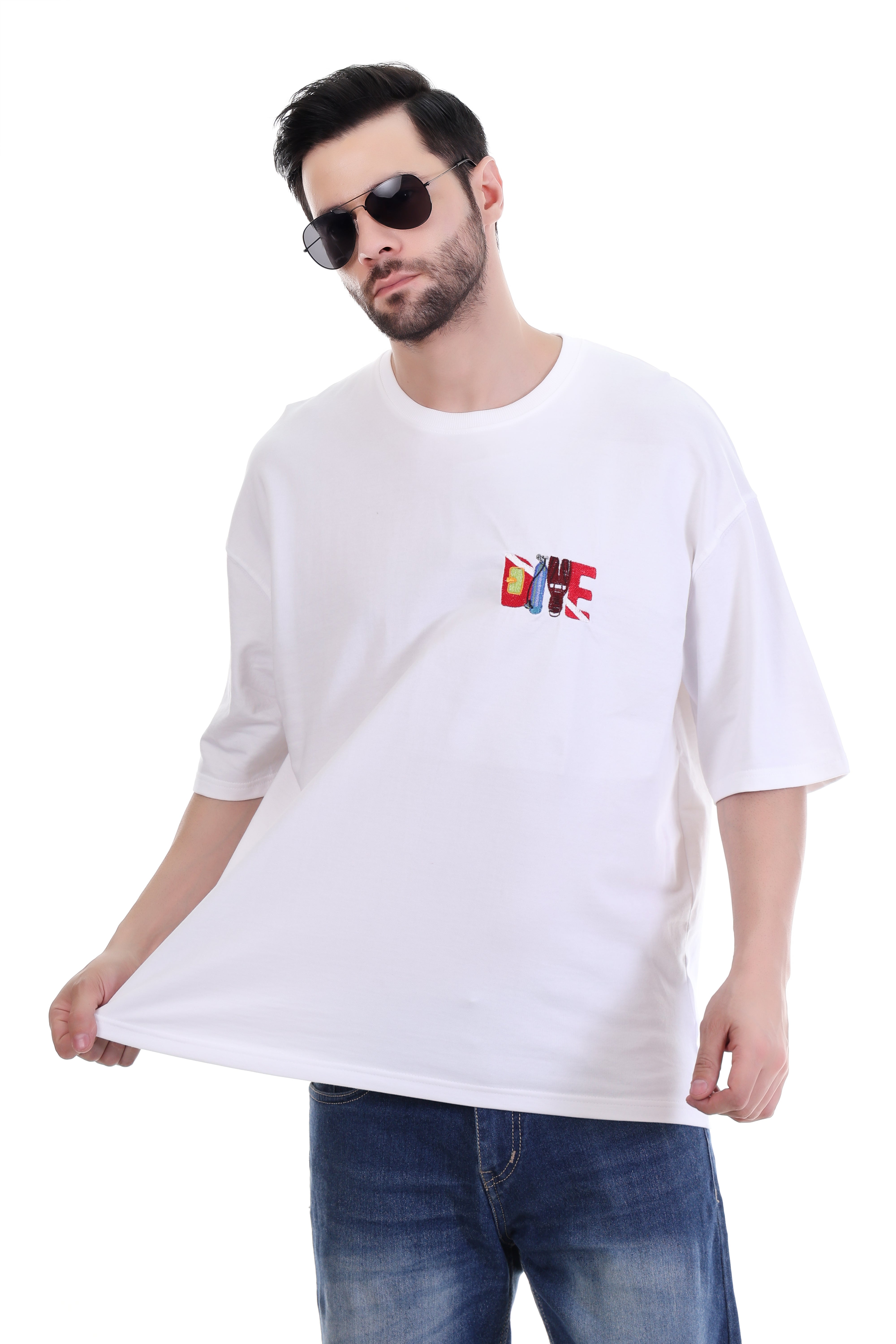 Men’s Oversized White T-Shirt with DIVE Embroidery – Pure Cotton | Trendy Summer Streetwear India