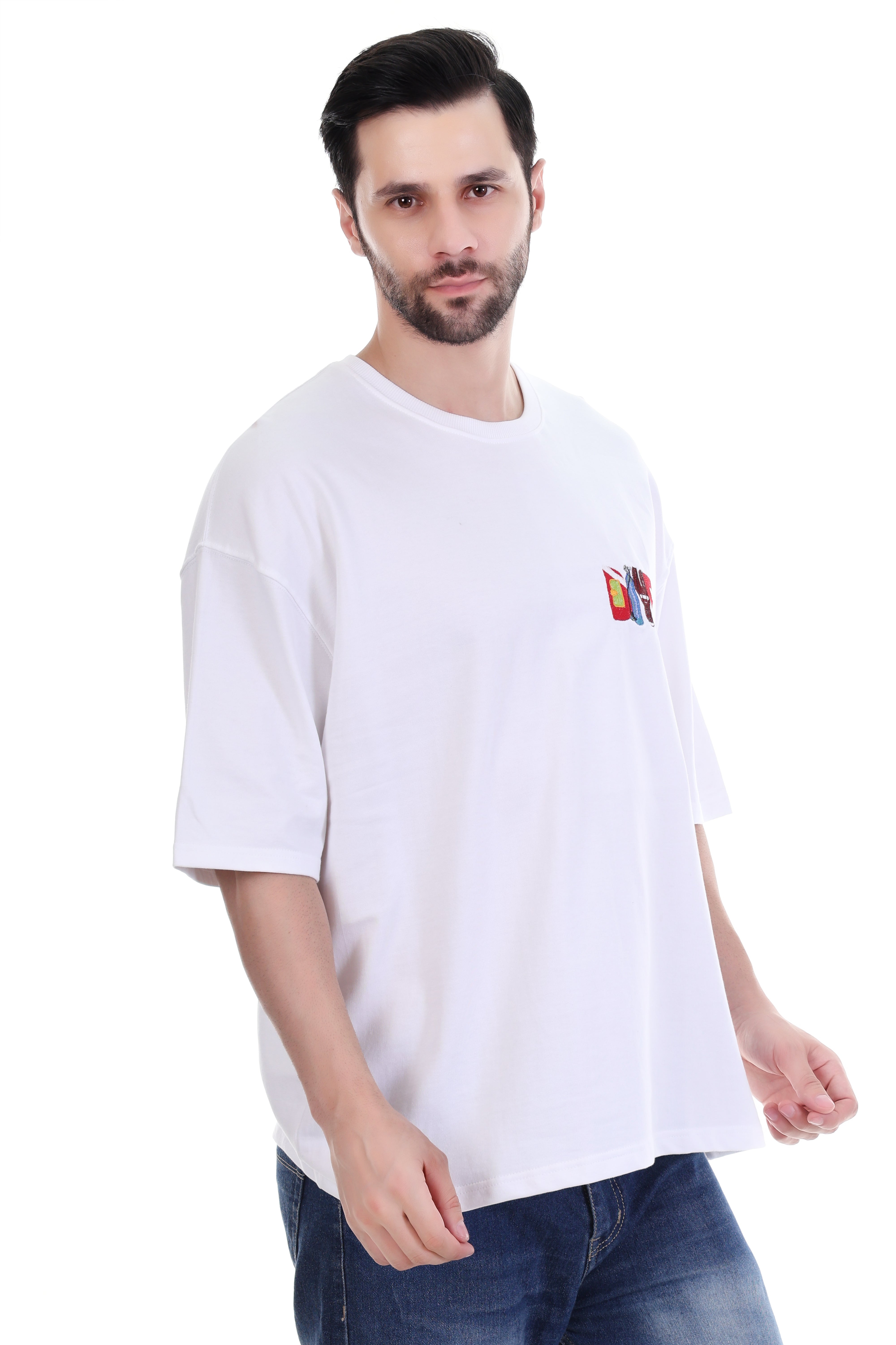 Men’s Oversized White T-Shirt with DIVE Embroidery – Pure Cotton | Trendy Summer Streetwear India