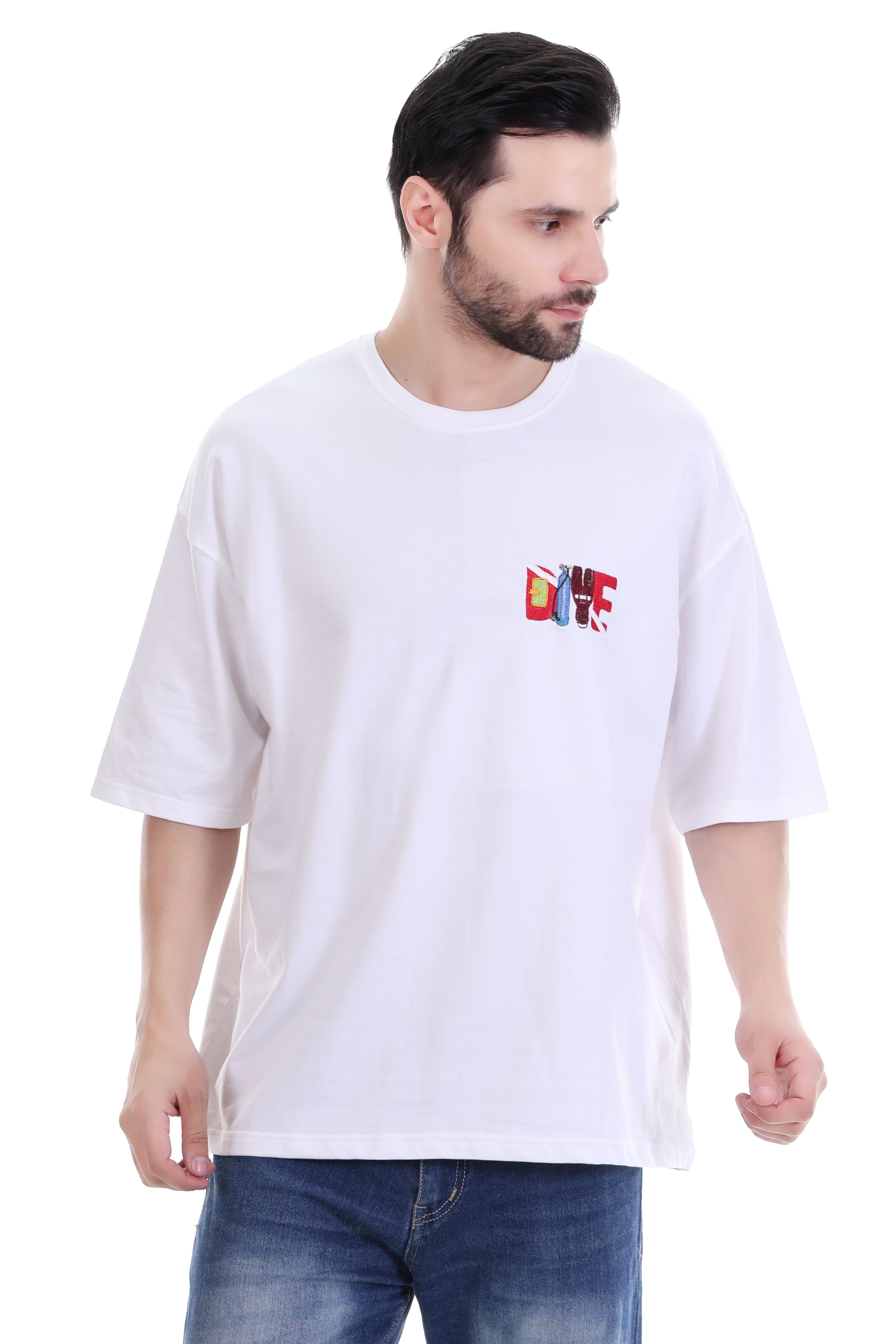 Men’s Oversized White T-Shirt with DIVE Embroidery – Pure Cotton | Trendy Summer Streetwear India